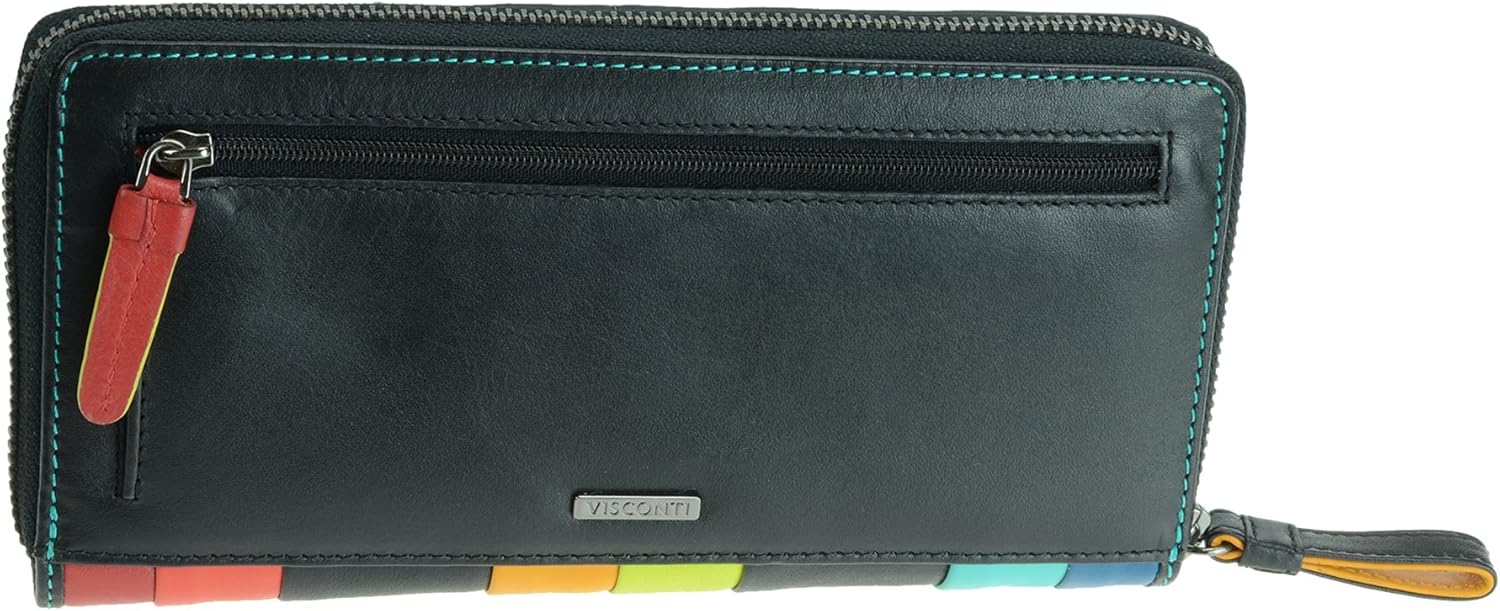 Visconti STR5 Women's Secure RFID Blocking Large Leather Bifold Zip-Around Clutch Wallet Purse - Black Multi
