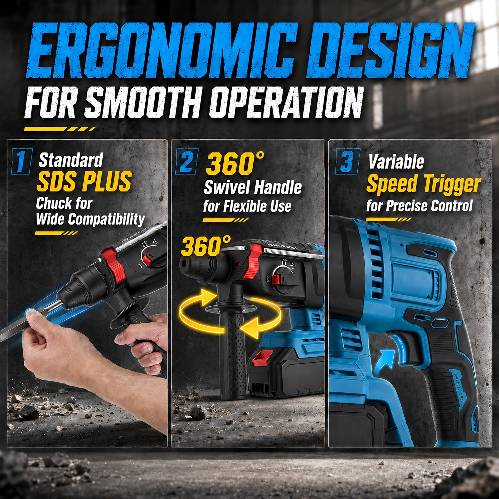 Marteau Perforateur Sans Fil, Perceuse à percussion 5 en 1 avec 2 batteries de 21V, Brushless, pour béton, rénovation et bricolage, avec foret, burin et mallette