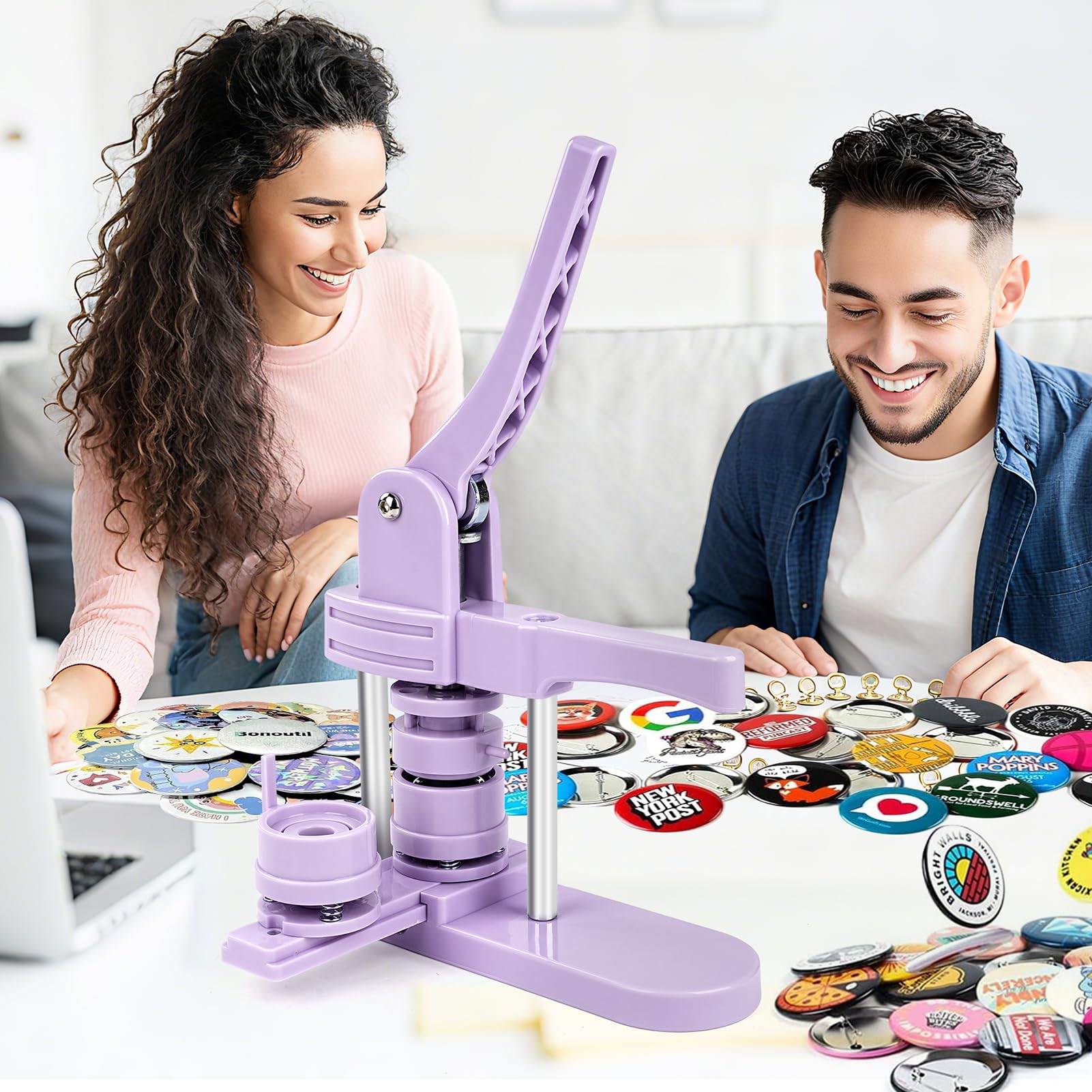 Máquina para hacer botones, 25 mm/32 mm/58 mm, kit de prensa de insignias personalizado con 300 piezas de botón para regalos, color morado