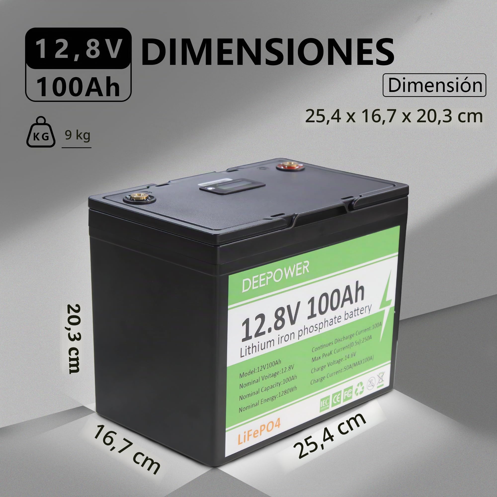 12V100Ah LiFePO4 Batería con Indicadores LED, 15000 Ciclos Profundos, 100A BMS, Celdas de Grado A, 1280Wh Energía, para RV, Camping, Sistemas Solares, Barcos y Off-Grid (12V 100AH LED)