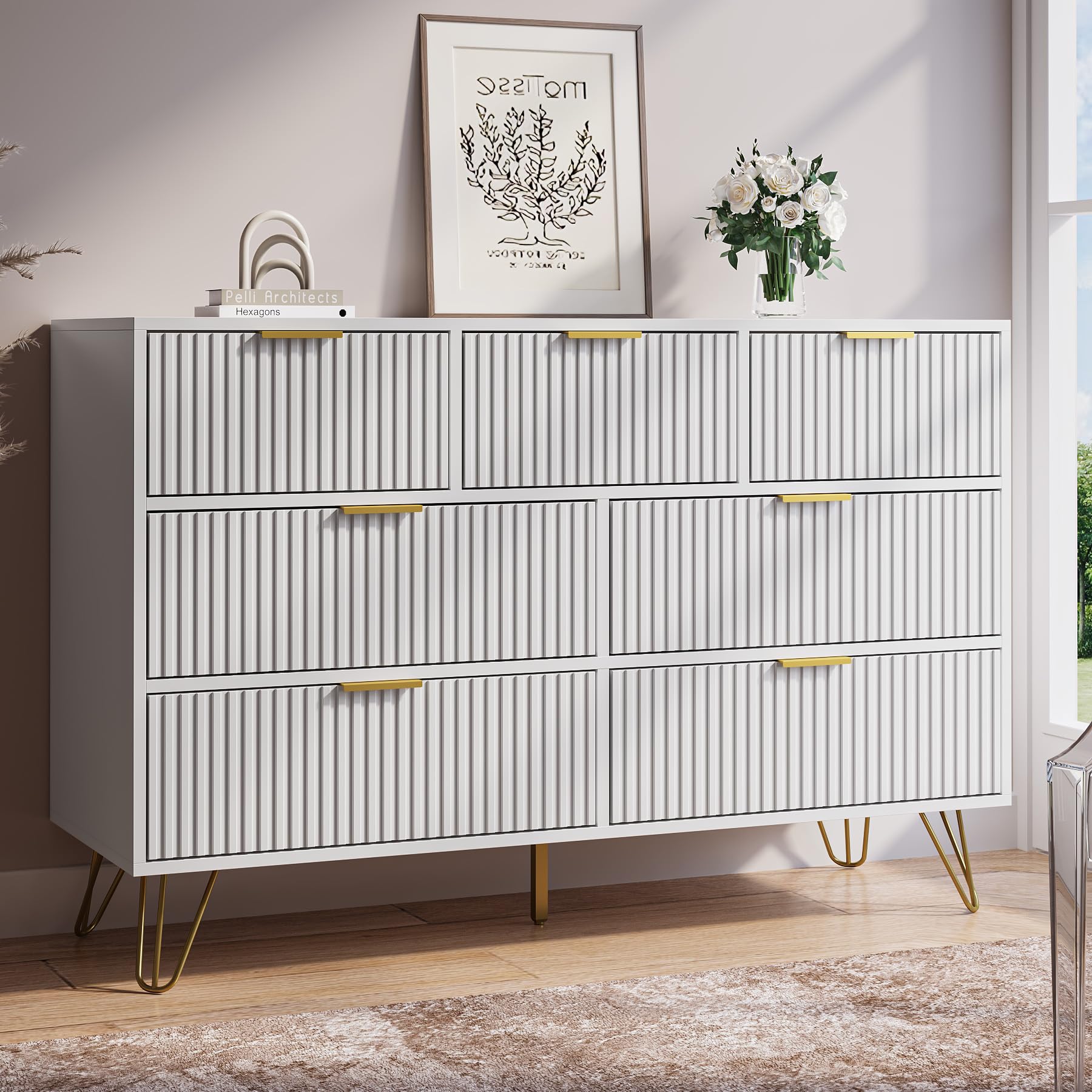 White Dresser for Bedroom, 7 Drawer Dresser with Gold Pulls, Wide Chest of Drawers for Bedroom, Entryway, 47.2" L x 15.7" D x 31.4" H