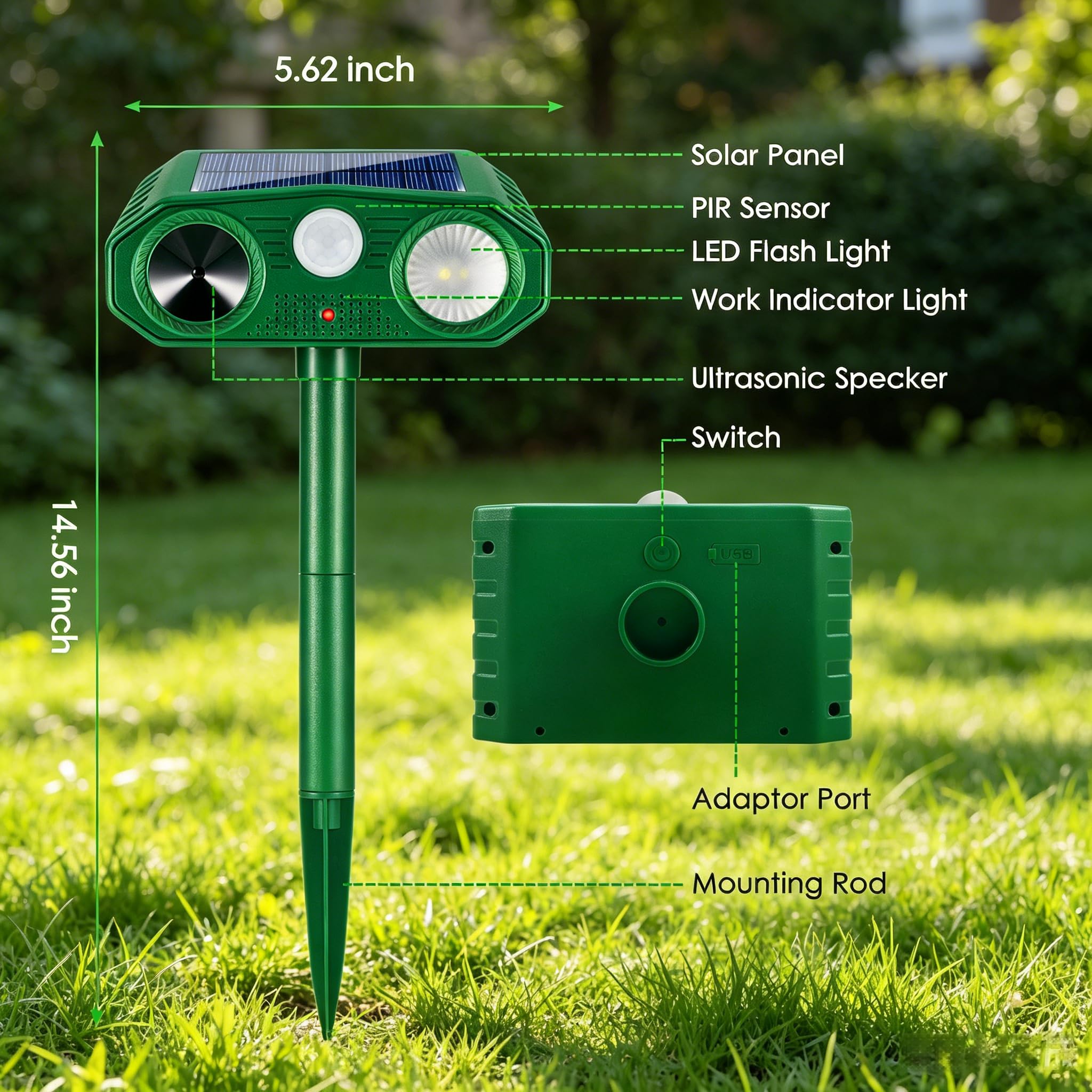 Repellente solare per animali all'aperto, repellente per gatti all'aperto, USB e frequenza regolabile, per cervi coyote, puzzole, procioni, volpi, deterrenti per animali leggeri, con sensore di
