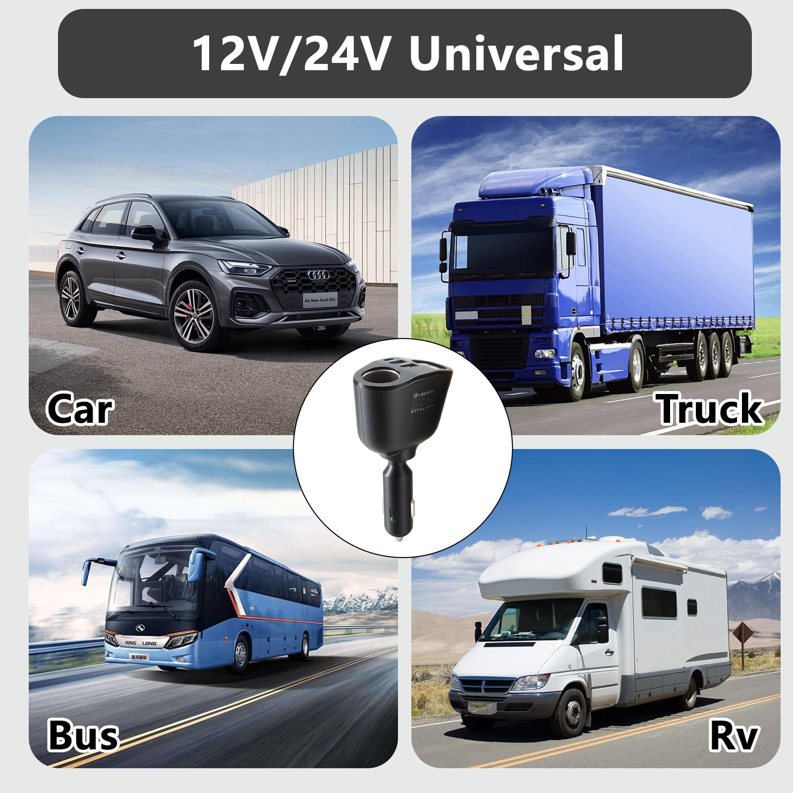 Car Cigarette Lighter Adapter 12V/24V, Dual USB-C PD & USB-A QC3.0 Super Fast Charger, 360° Rotating Car Lighter Adapter, Multi-Socket Splitter with LED Voltmeter for Phone Tablet GPS Dashcam — view 6