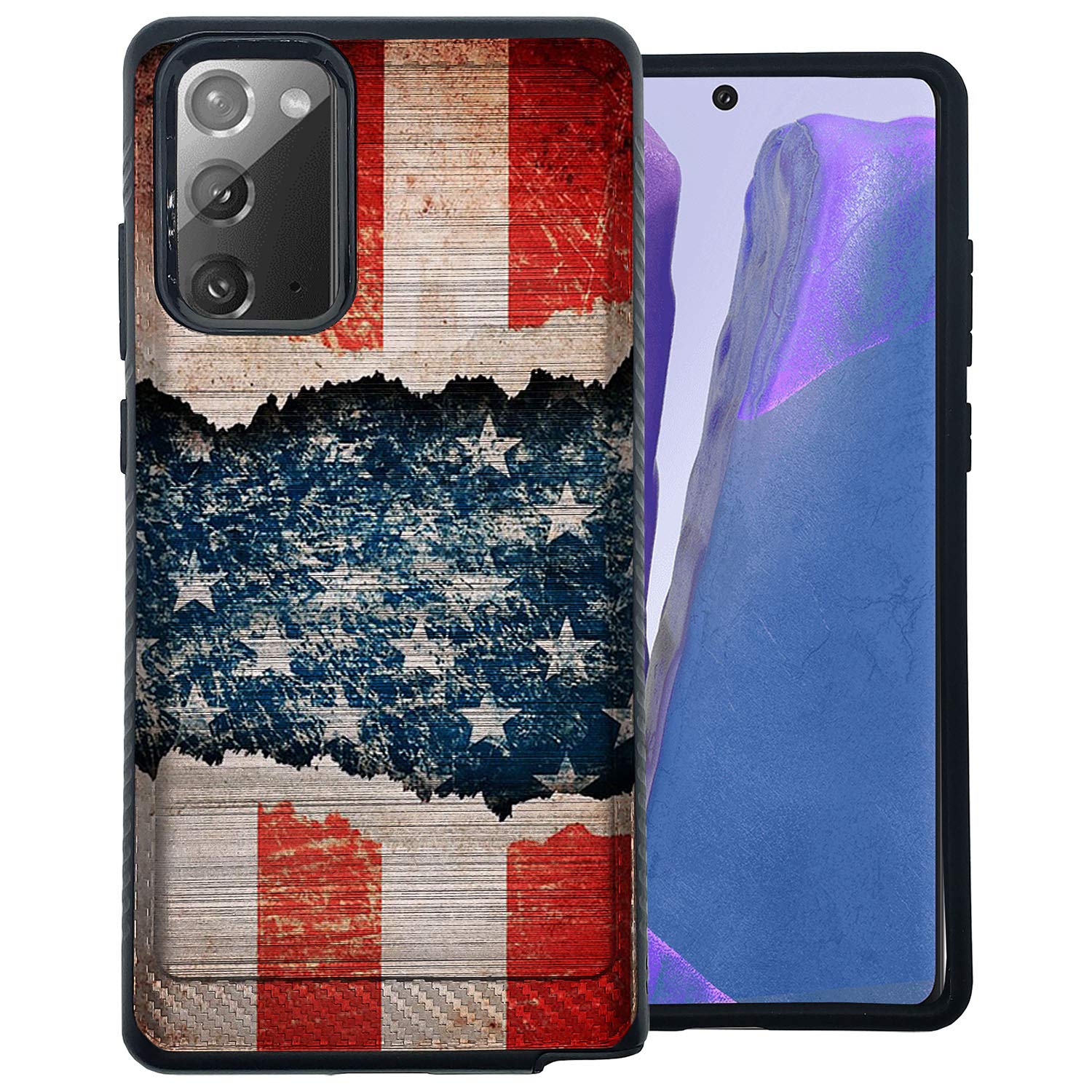 CasesOnDeck Slim Case Compatible with [Samsung Galaxy Note 20 / Note20 5G] [Brushed Armor] Black Dual Layer Slim Fitted Grip Cover (USA Flag)