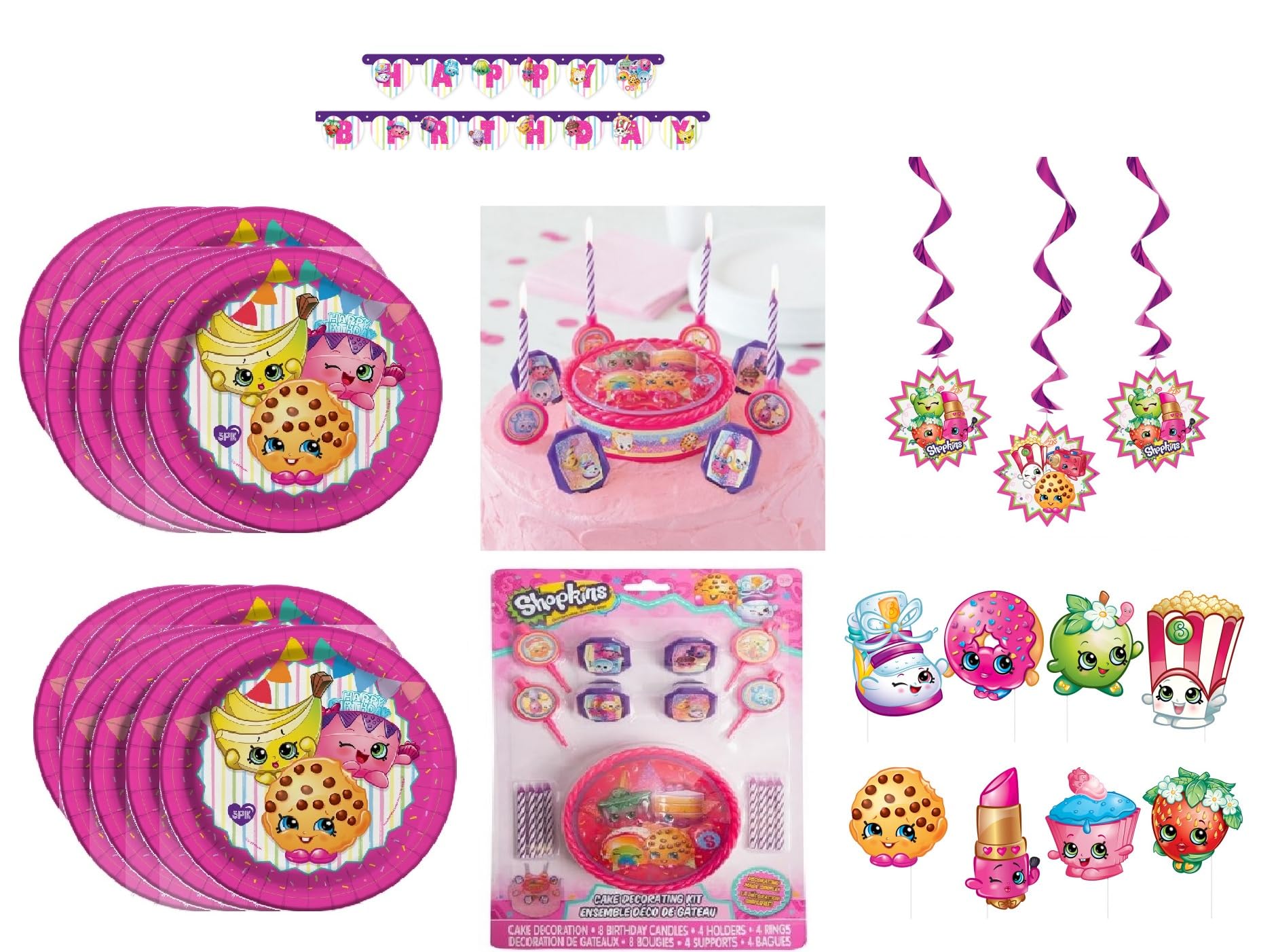 Shopkins Birthday Party Supplies Bundle Pack includes Plates, Banner, Hanging Decorations, Photo Prop, 13pc Cake Decorating Kit