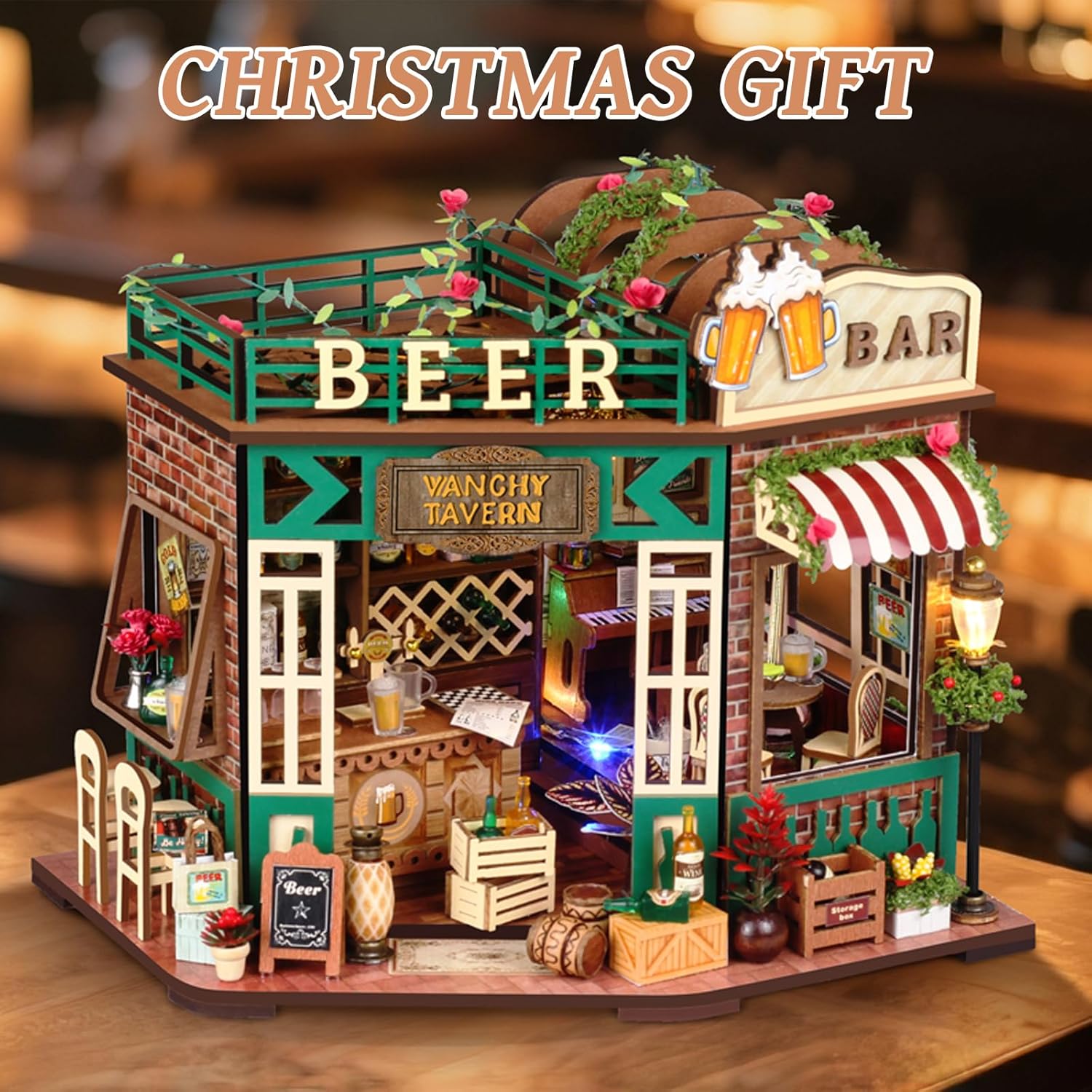 Miniature House Kit, DIY Miniature Dollhouse Kit, Mini House Building Kits with LED, Unique Gift for Birthday Christmas Day, Beer Bar