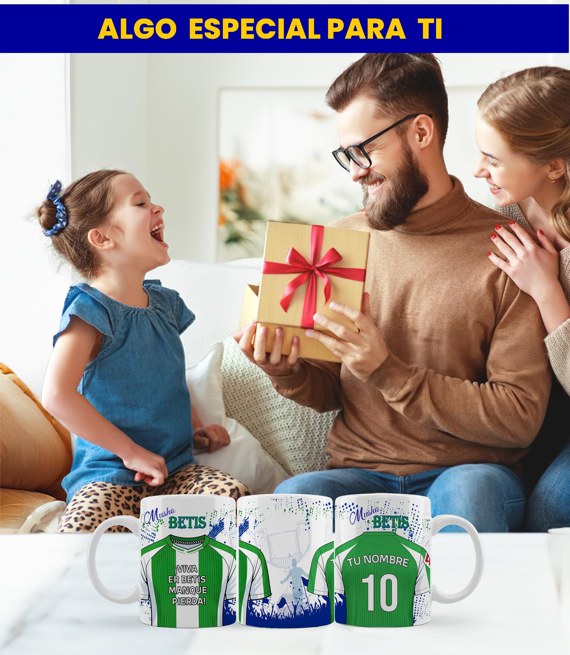 HERBY Taza del Betis personalizada con nombre y número más llavero del Betis caja de regalos del Betis taza de cerámica para te café o chocolate de 325 ml regalos para fanáticos del futbol(Betisx2c)