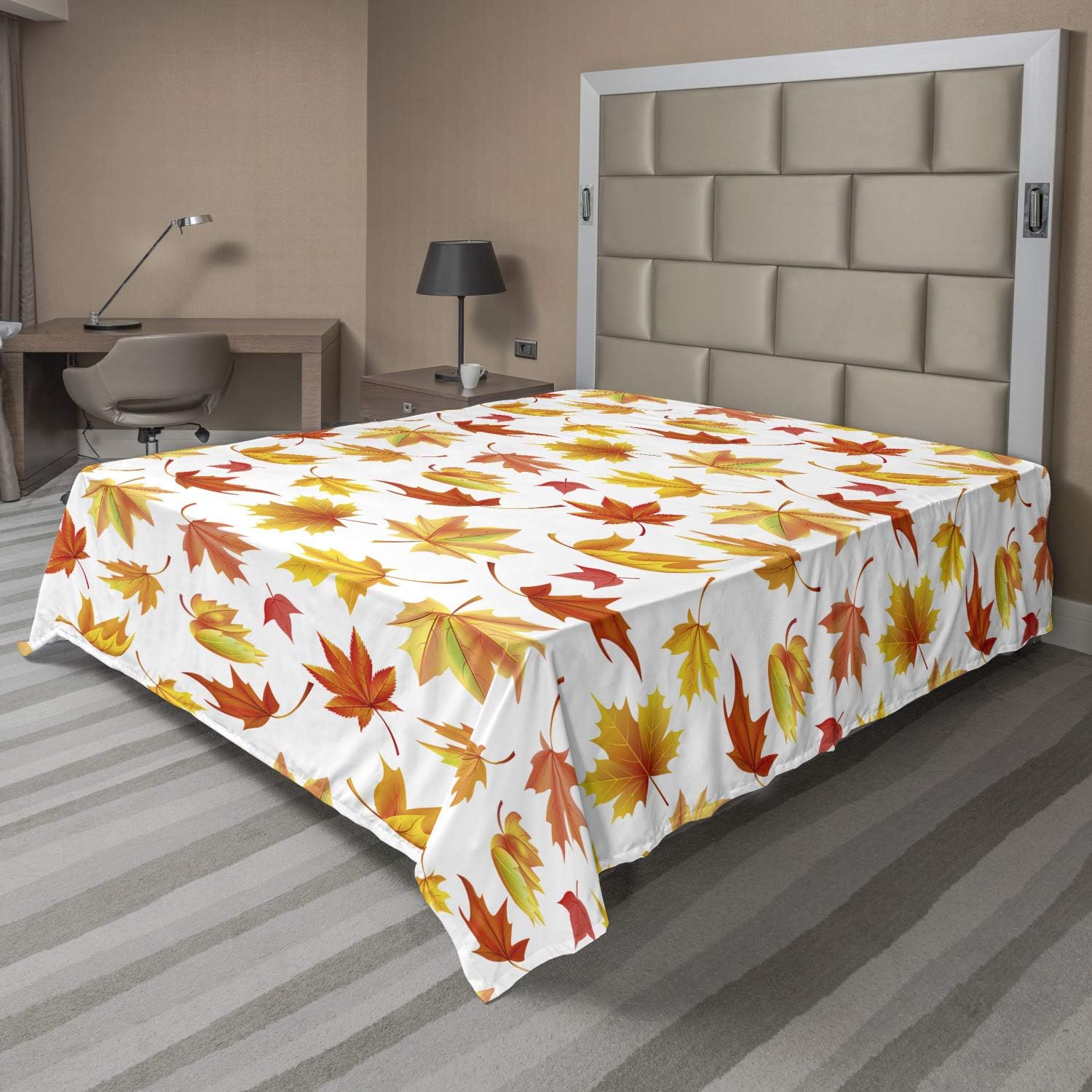 Ambesonne Autumn Flat Sheet, Demonstration of Fallen Maple Leaves on a Plain Background Fall Season, Soft Comfortable Top Sheet Decorative Bedding 1 Piece, Queen Size, White Orange
