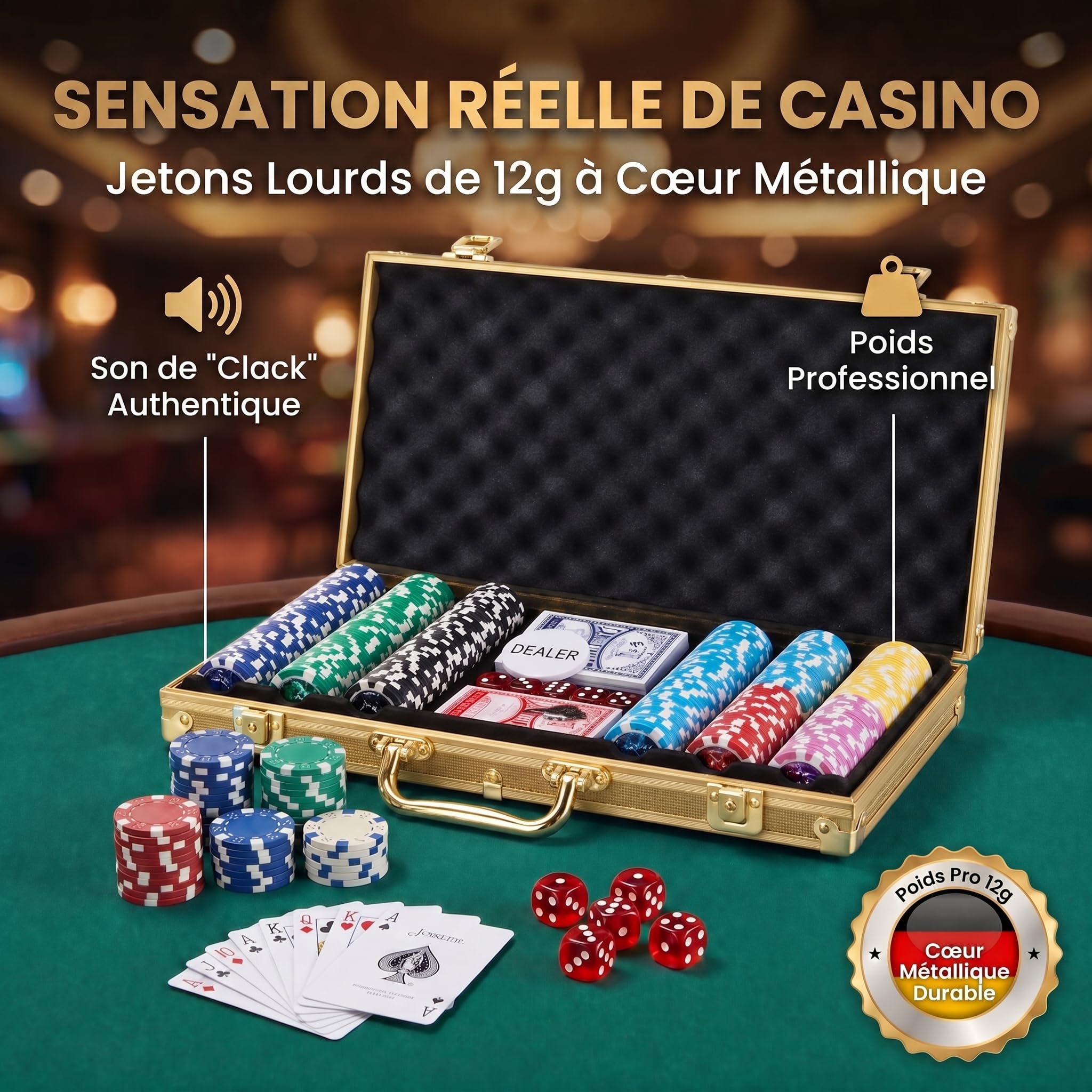 Mallette de poker Profi Pokerset comprenant 300-500 jetons de poker de haute qualité ; deck de poker, jeu de cartes, cartes de poker, dés, bouton de croupier ; casino à domicile (Or, 500 Jetons)