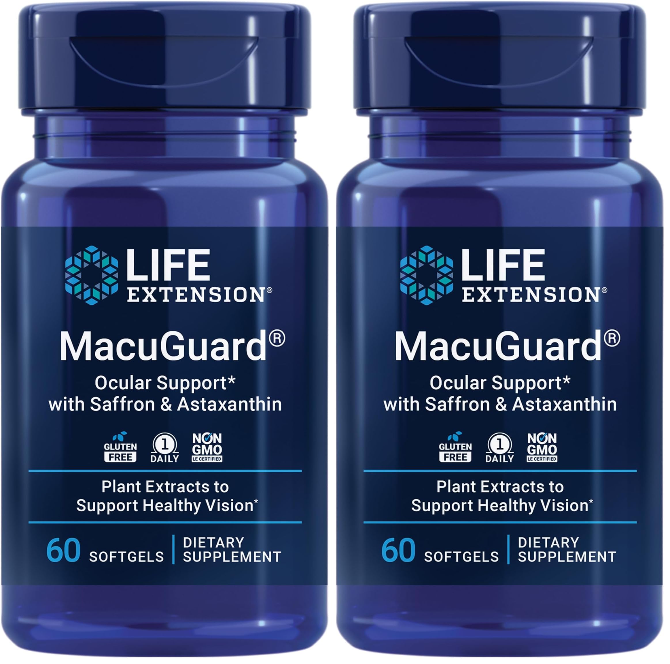 Life Extension MacuGuard Ocular Support with Saffron &amp; Astaxanthin – Eye Health Supplement for Healthy Vision – with Lutein, zeaxanthin, Meso-zeaxanthin – Gluten-Free, Non-GMO – 60 softgels