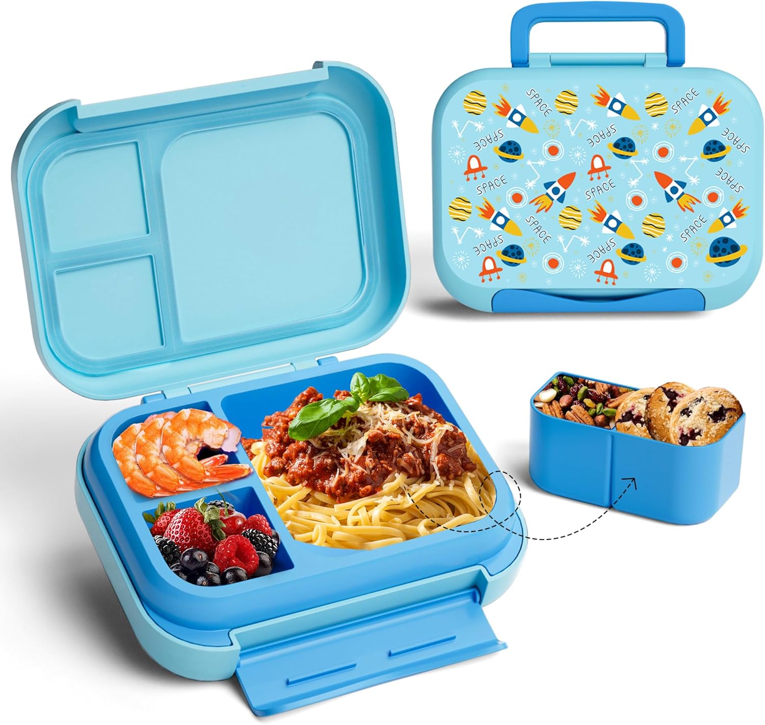 Kids Bento Lunch Box, 5-Compartment Leakproof Container with handle Movable Snack Box BPA-Free, Dishwasher & Microwave Safe Utensils Included for Kids/Adults | School, Office & Travel | Blue