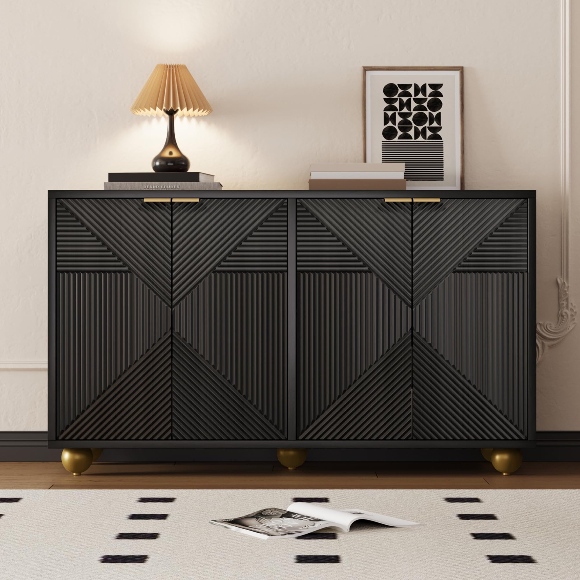 Aparador negro 120 x 35 x 71,5 cm con cuatro puertas moldeadas, estantes interiores ajustables, asas de metal y patas esféricas