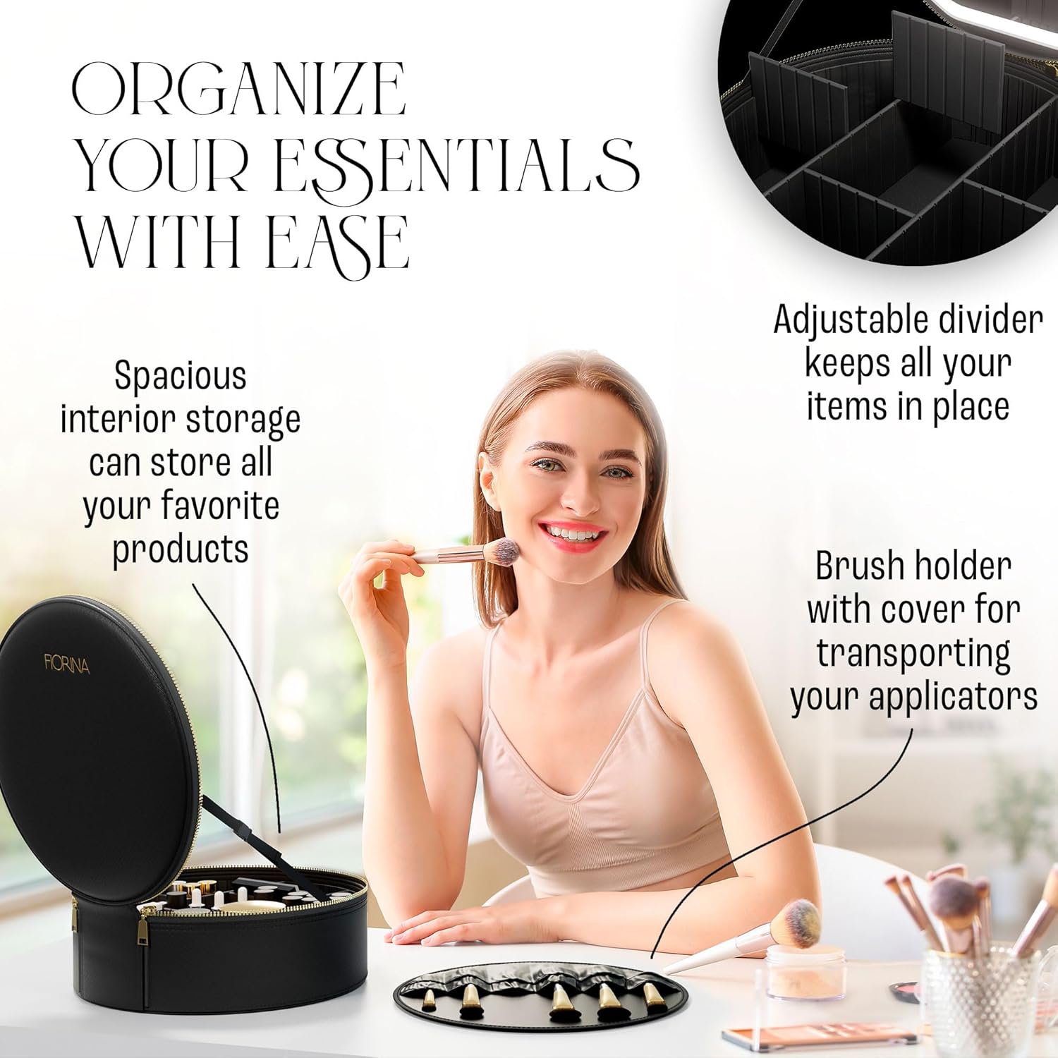 Makeup Bag with LED Mirror, Travel Makeup Case with 3 Color Lighting, Cosmetic Organizer with Adjustable Dividers, Rechargeable Vanity Mirror, Makeup Storage for Women (Black)