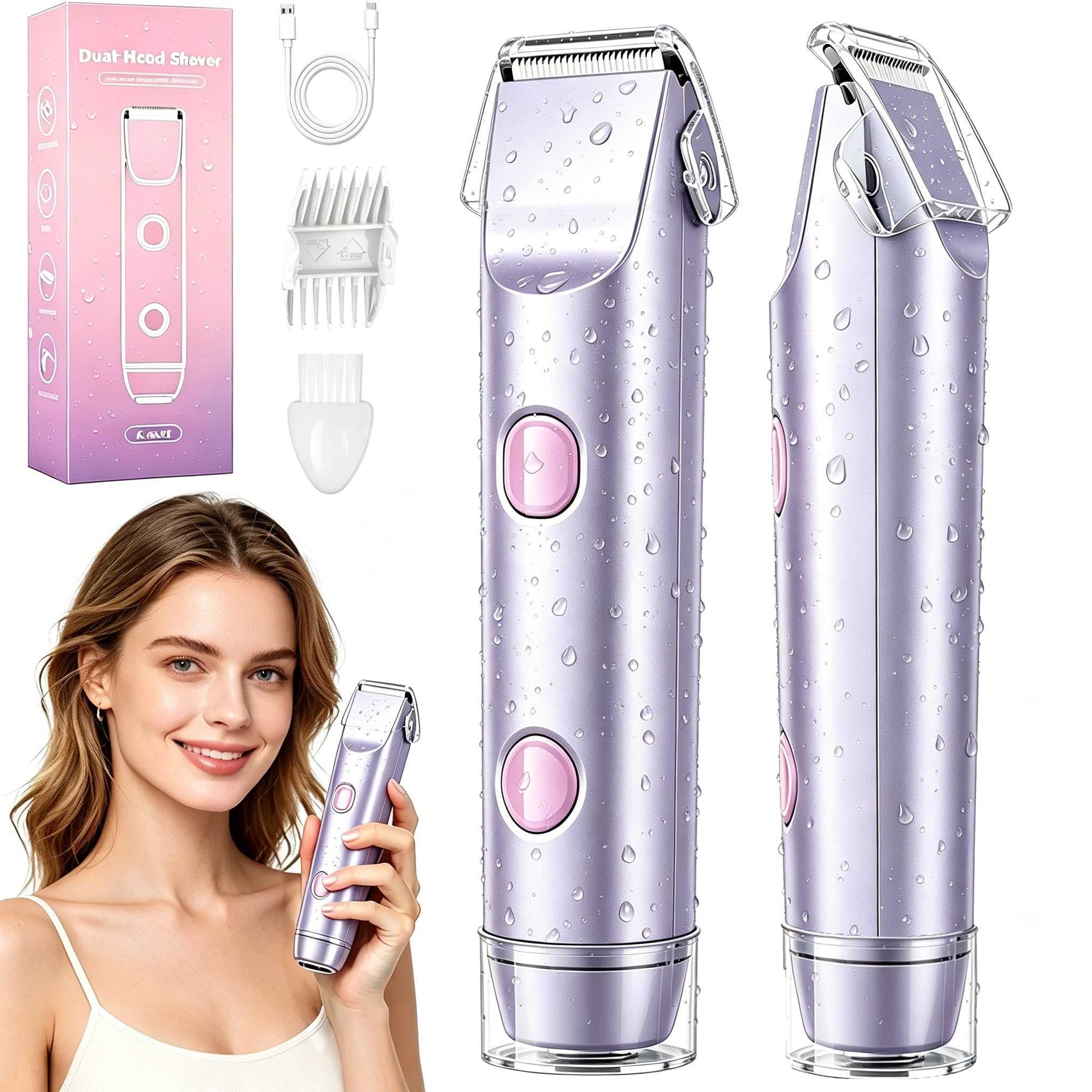 Rasoio Elettrico Donna, 2 in 1 Impermeabile Depilatore Corpo Donna, bikini a doppia testa, Tagliapeli corporeo per donna Epilatore, IPX7 Display LED Uso a secco/bagnato, Viso e Corpo (Viola)