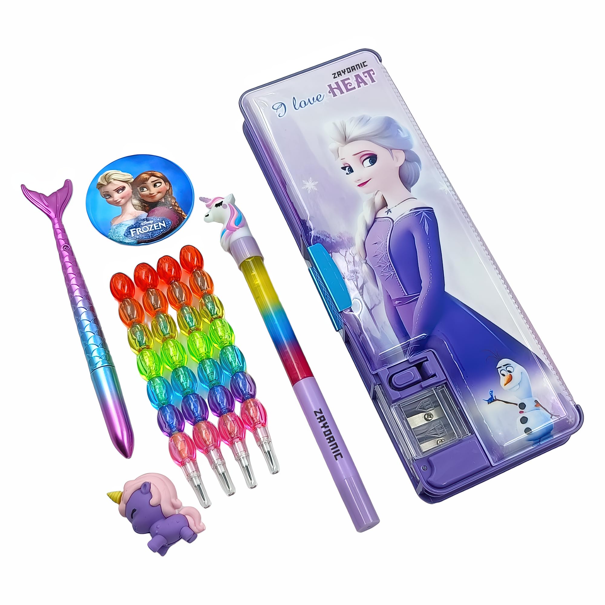 ZAYDANIC Plastic Frozen Pencil Box Case Inbuilt Led Light With Dual Sharpener, Magnetic Lock & Dual Compartments, School Stationery Kit For Students (Multicolor)