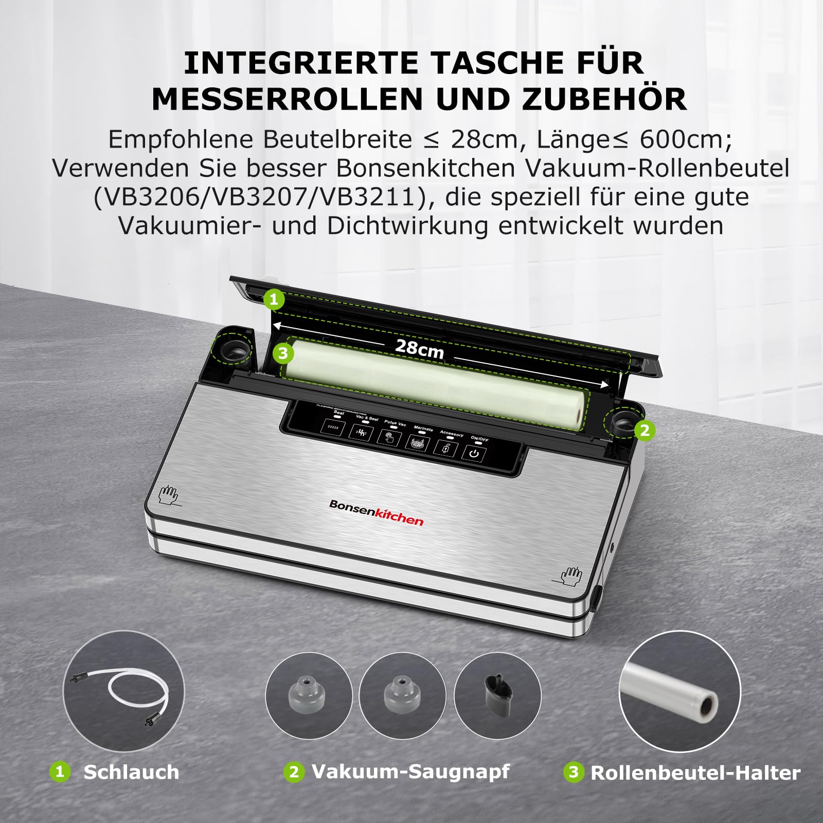 Bonsenkitchen Vakuumierer Stark Vakuumiergerät 5 Modi 8 L/Min Globefish-Technologie Kontinuierliches Arbeiten Hohe Geschwindigkeit 5 Vakuumbeutel 1 Rollbeutel