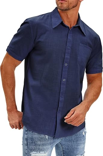 Oyamiki Mens Short Sleeve Regular-Fit Shirt Fishing Tees Linen Cotton Button-Down Shirts