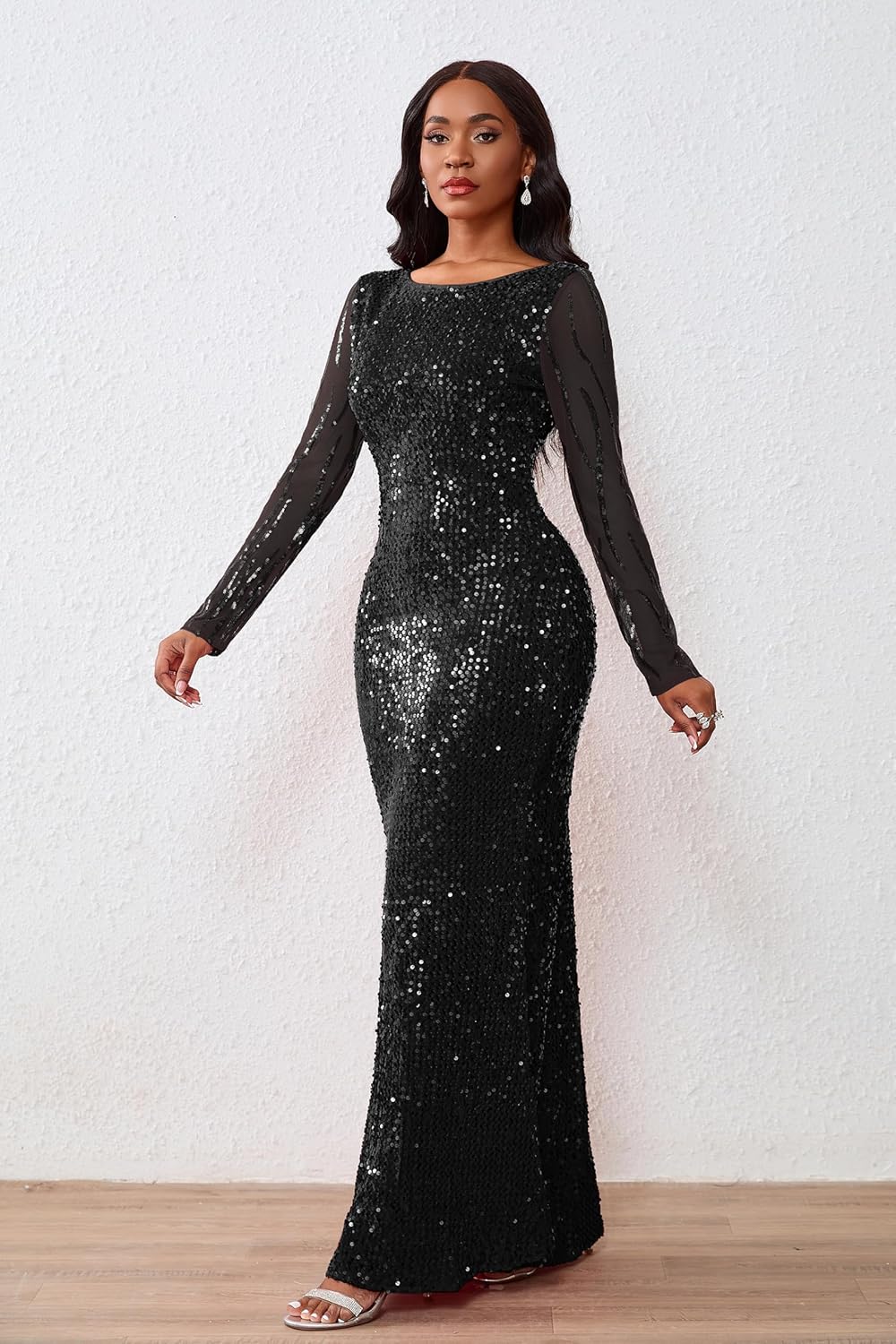 VERWIN Women's Sequins Bodycon Round Neck Long Sleeve Sparkly Mermaid Maxi Dress for Casual Party Cocktail - Image 5