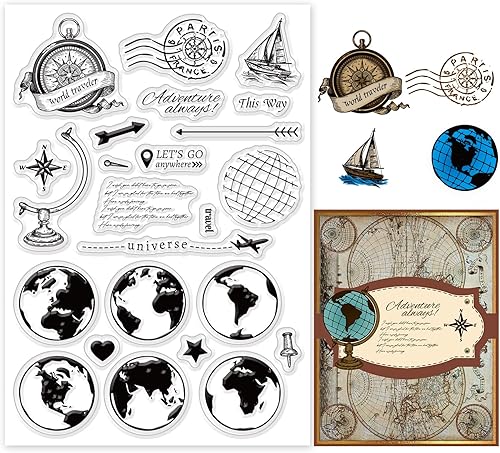 PH PandaHall Sellos transparentes de viaje, brújula de barco, sellos de goma para aviones, sellos de silicona transparente, sellos de plástico de