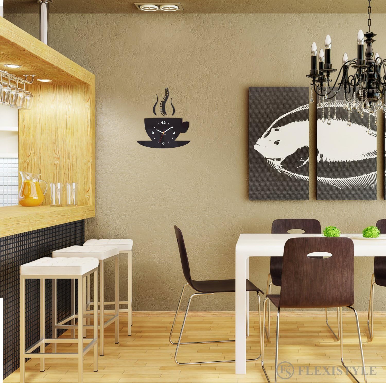 Tasse Temps pour café Moderne de Cuisine - Horloge Murale 3 D - Noir