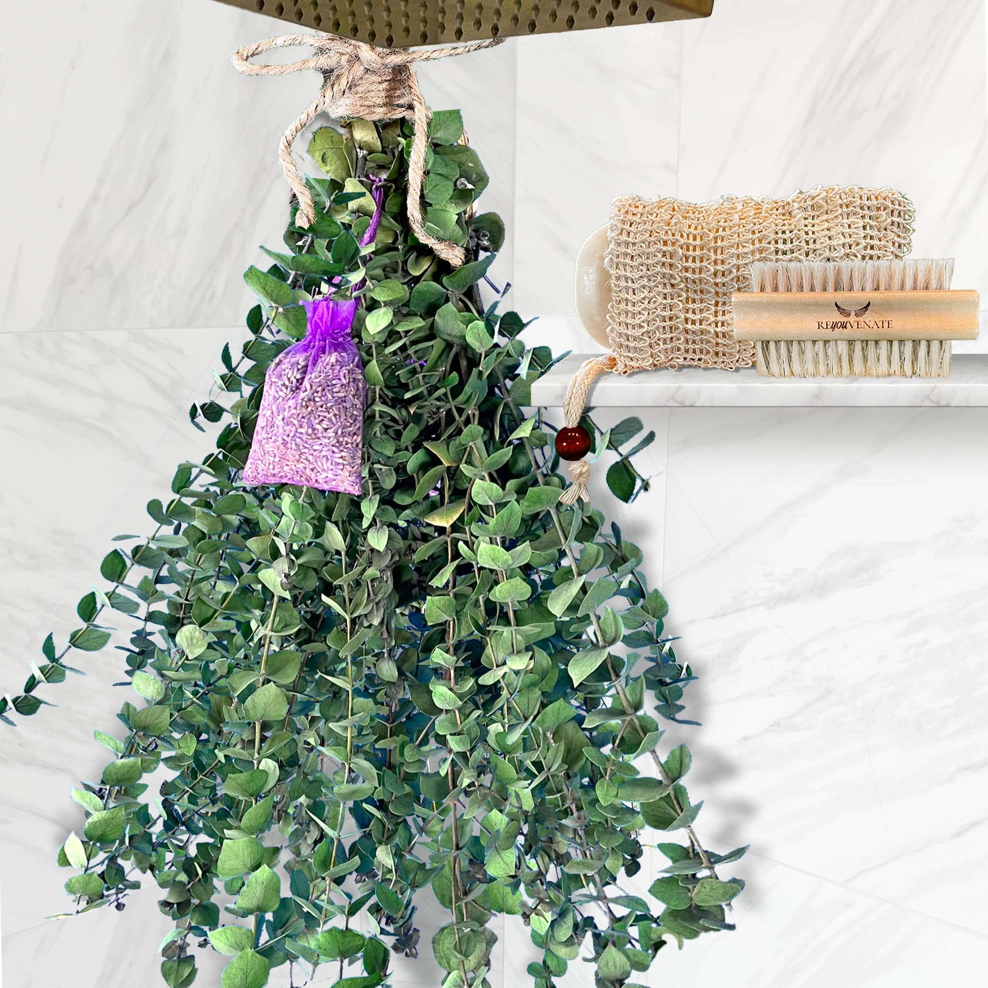25 Pcs Shower Eucalyptus, Dried Eucalyptus Bundle with Dried Lavender Flowers. ReYouvenate in Your Own Spa with Real Eucalyptus Leaves, Farmhouse