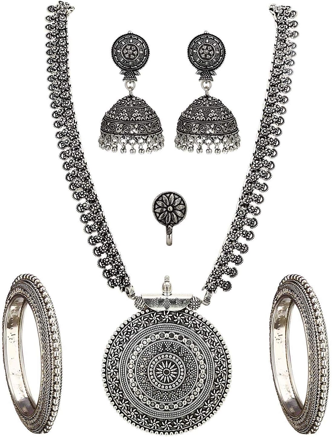 Indian Handicrafts Export Sasitrends Oxidized German Silver Long Necklace, Bangles,Earrings and Nosepin Combo for Women and Girls