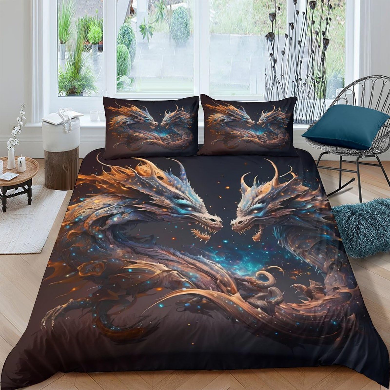 TUFRTGYHN 3D Printed Dragon Fantasy Duvet Cover Set Microfiber Soft Breathable Fire Blue Bedding with 2 Pillowcases for Bedroom Home Single（135x200cm）