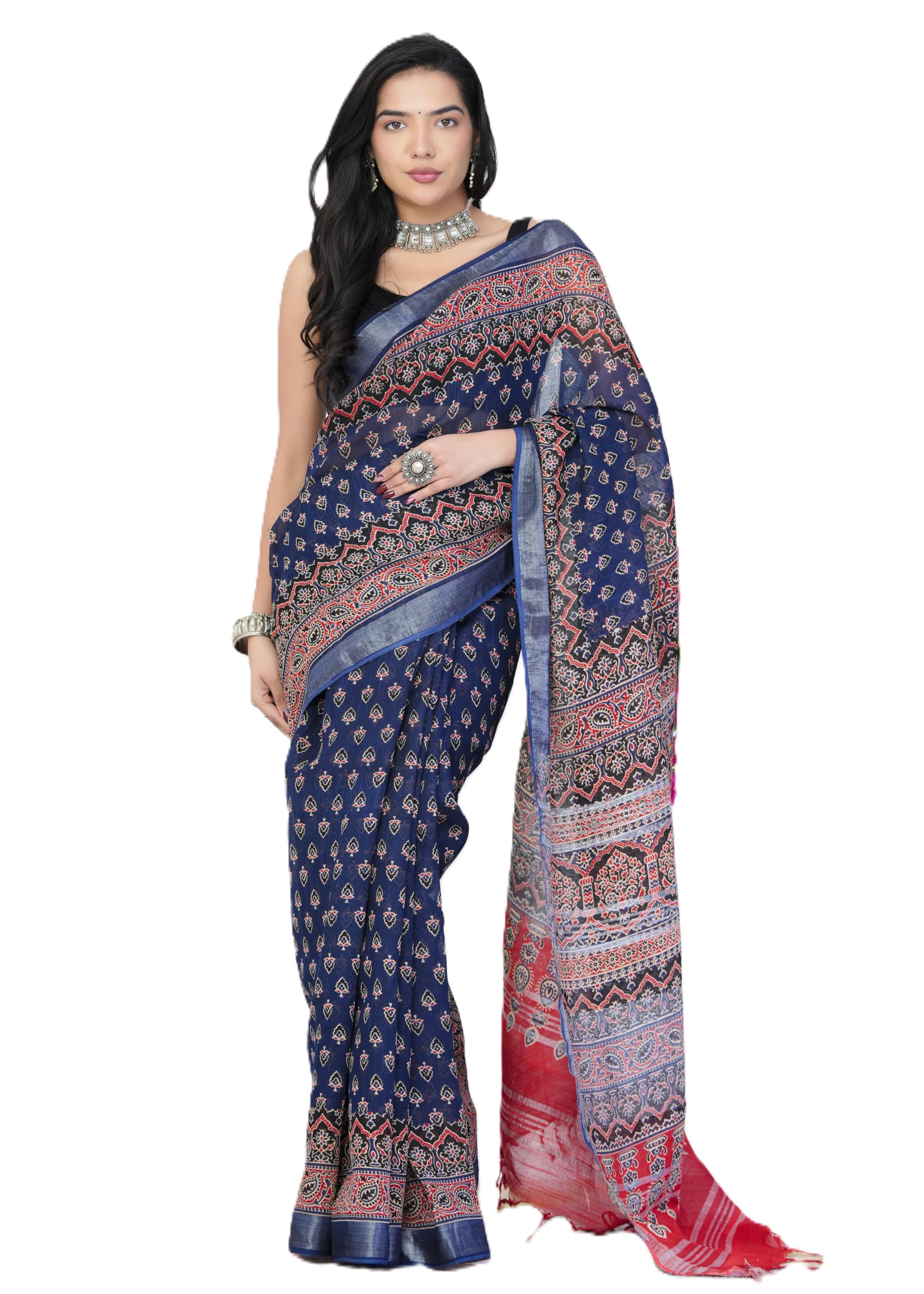 Cotton Linen Hand Block Printed Saree for Women | 5.5m Saree + 0.8m Unstitched Blouse Piece | Lightweight Ethnic & Office Wear Saree Teal Blue-image-7