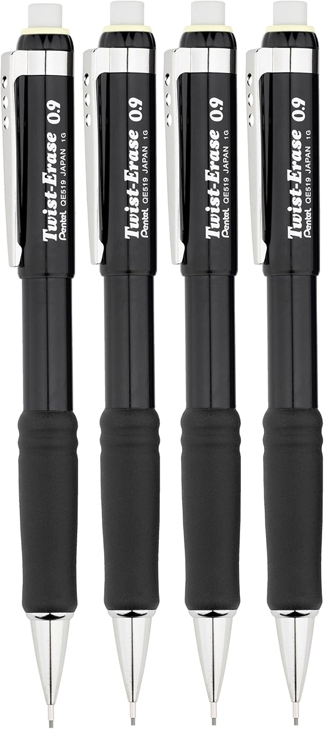 (QE519A Twist-Erase III Mechanical Pencil 0.9mm Black Barrel, 4 Pack