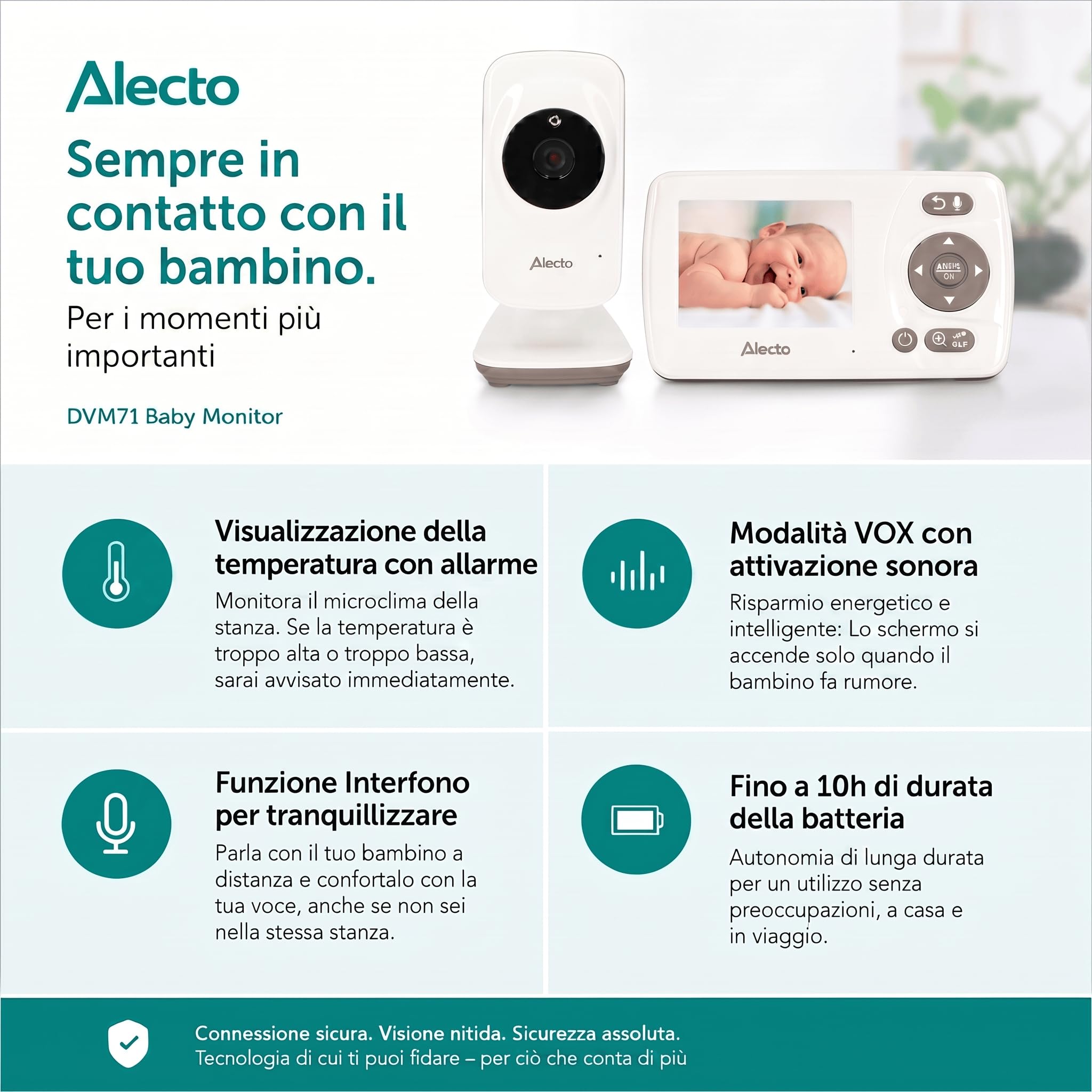 Alecto DVM71 Baby Monitor con Telecamera - Baby Monitor Display 2.4" - Fotocamera Baby - Portata 50m - Batteria 10h - Bianco/Tortora
