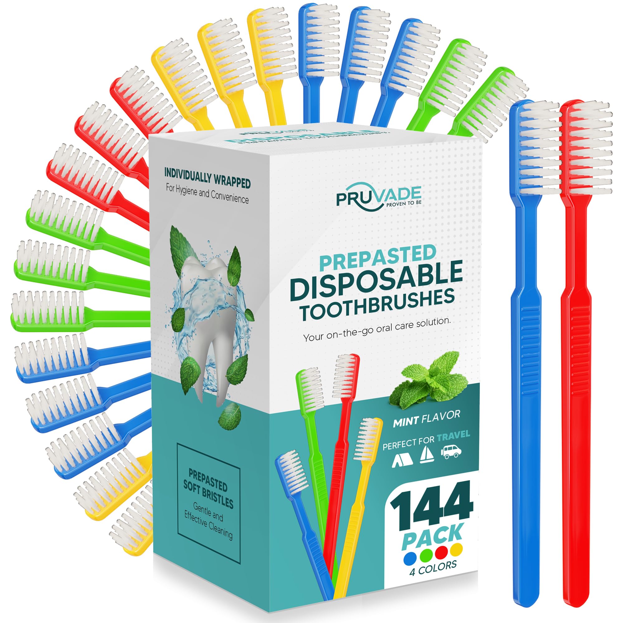 Pruvade 144 Pack Disposable Toothbrushes with Toothpaste - Prepasted Mint