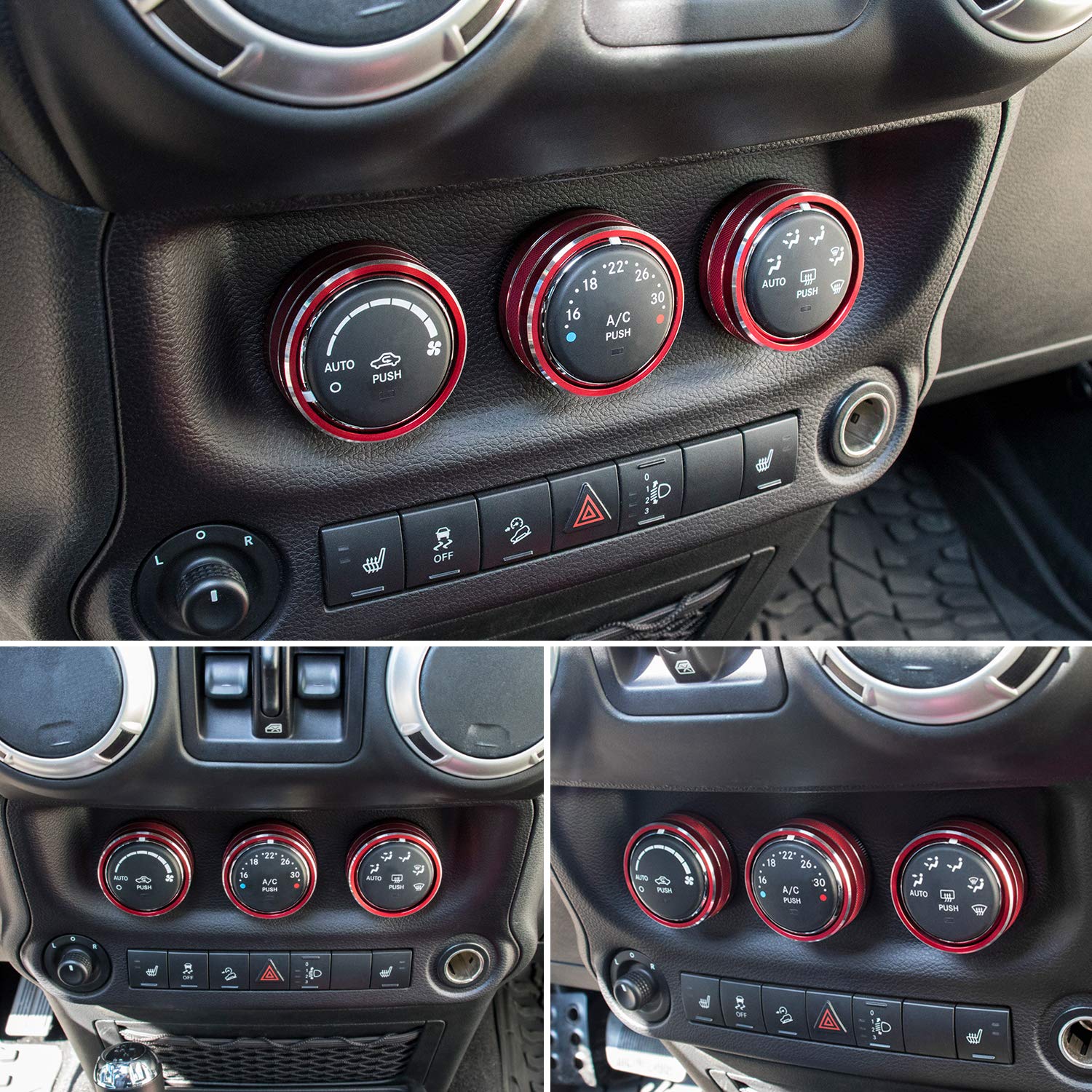 Audio Air Conditioning Button Cover Decoration Twist Switch Ring Trim for Jeep Wrangler JK JKU Patriot 2011-2018, Compass 11-16, Liberty 08-12, Dodge Challenger 08-14 Interior Accessories (Red 3PCS)