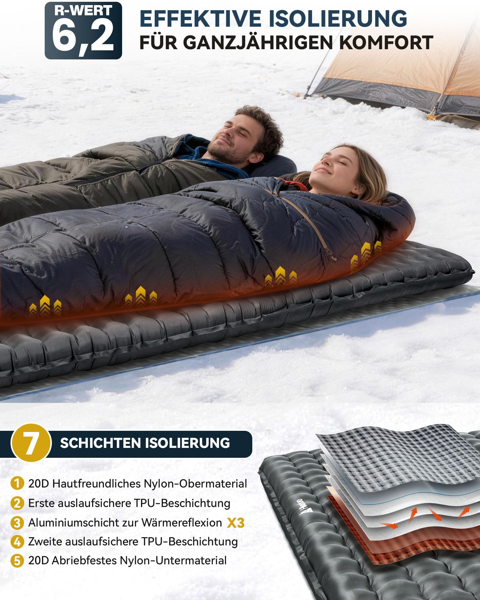 HIKENTURE 6,2 R Wert karimata kempingowa dla 2 osób, grubość 8 cm, podwójna nadmuchiwana karimata, materac kempingowy 140 x 200 cm, dmuchany materac na 4 pory roku, mata do spania na zewnątrz