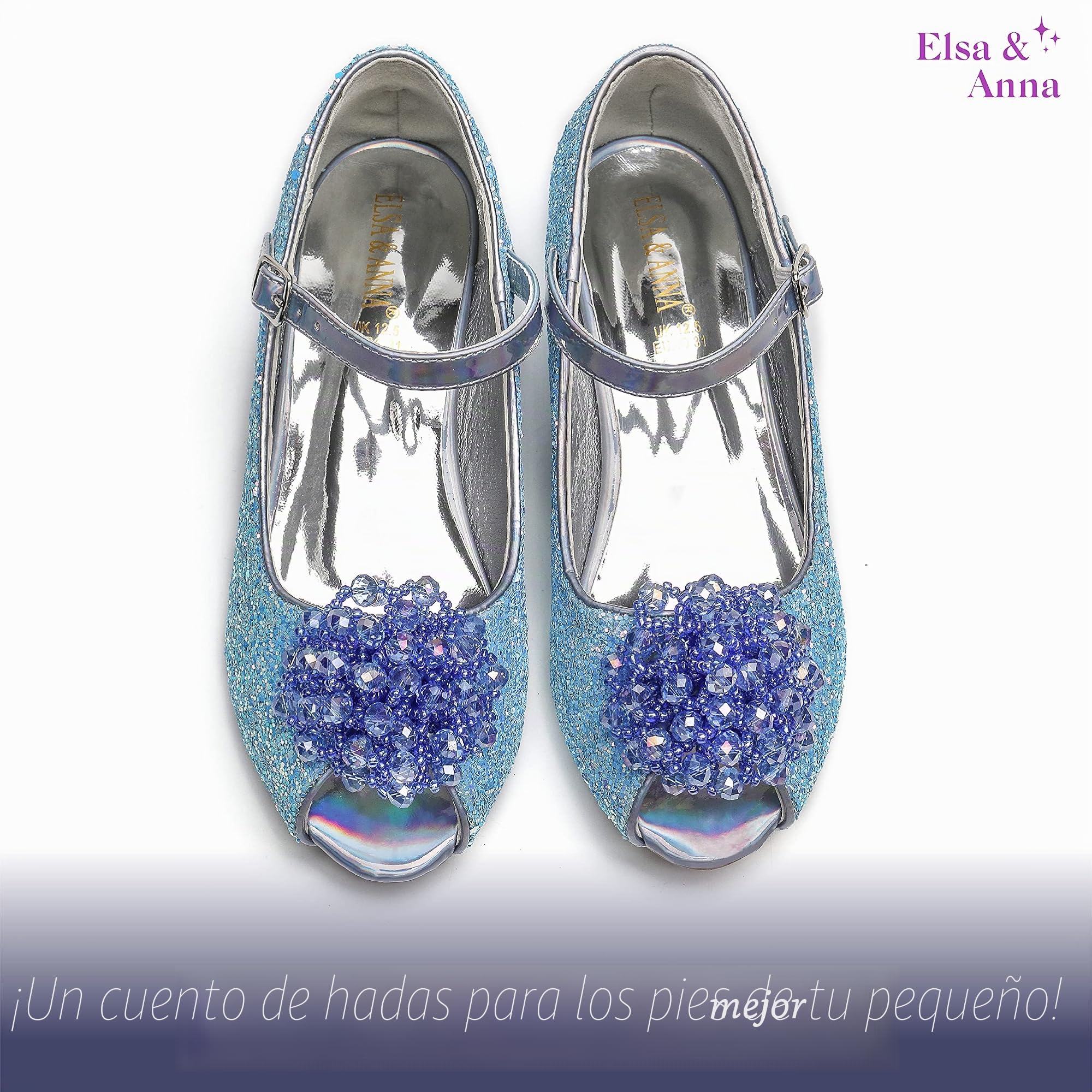 ELSA & ANNA Zapatos de princesa niña - Zapatos de fantasía con brillos y cristales - 3 cm tacón - Para fiestas, cumpleaños y cosplay - Tacones niña princesa (BLU23) (30)