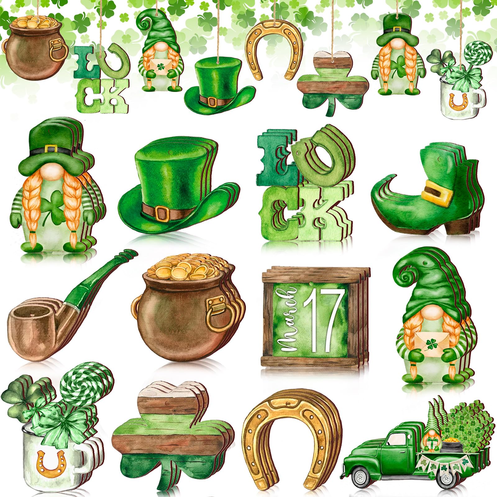36 Pcs Saint Patrick's Day Decorations Wooden Shamrock Ornaments Gnomes Hanging Decorations Holiday Wood Cutouts Saint Patrick's Day Ornaments for Tree Craft Home Party Decor Supplies