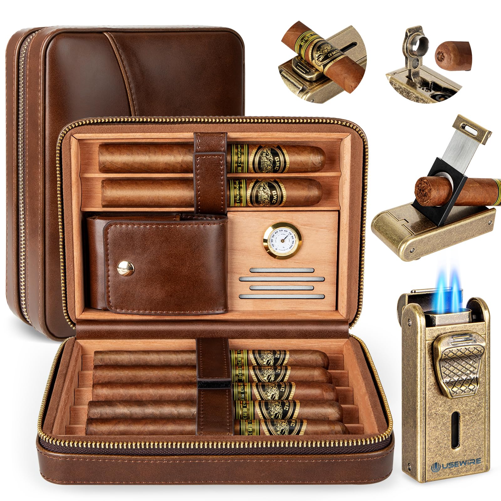 Cigar Humidor, Leather Cigar Case with Cigar Lighter, Built-in Straight Cigar Cutter and Cigar Punch, Travel Cigar Humidor with Humidifier and Cedar Tray, Cigar Accessories Set for Men