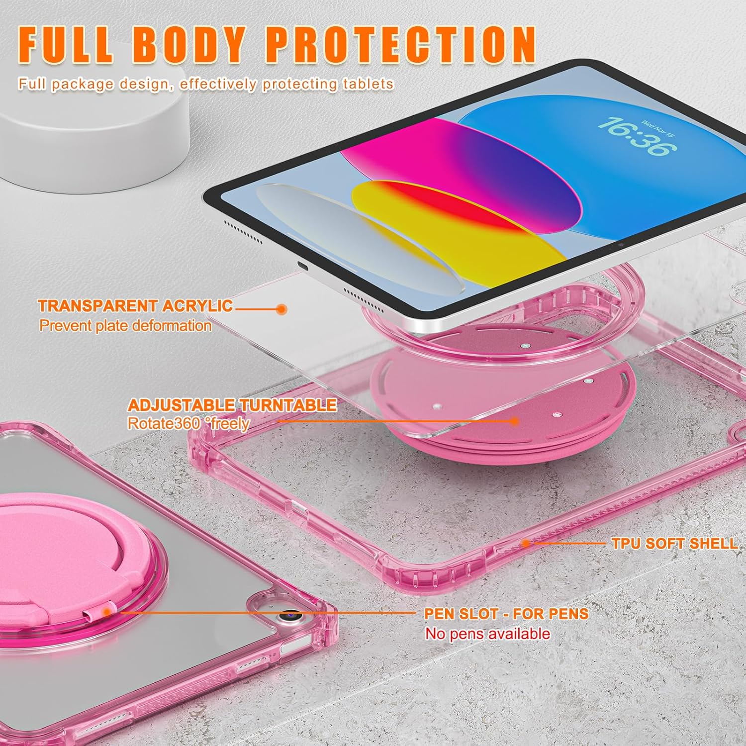 for iPad A16 Case iPad 11th/ 10th Generation Case with 360° Rotating Kickstand Handle, Shoulder Strap, Pencil Holder, 2 in 1 Protective Clear Back Cover for iPad 2025 11 inch/iPad 2022 10.9 inch, Pink