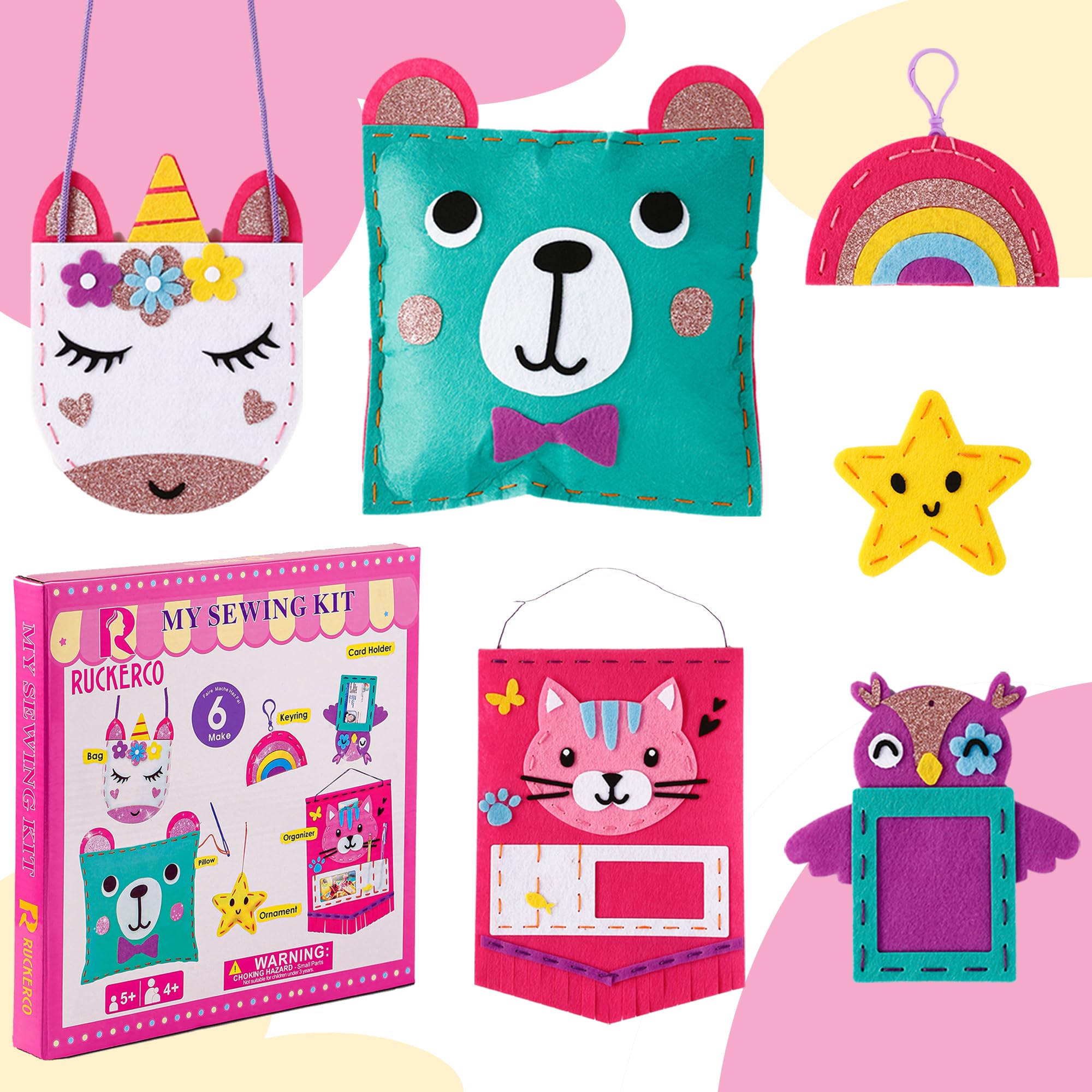 R RUCKERCOSewing Kit for Kids Children's Arts and Crafts Sewing Kits 6 Pcs Stuffed Animals and Pillows DIY Sewing Kit for Kids, Toys for Ages 5-9 Girls Fashion Gift Arts and Crafts