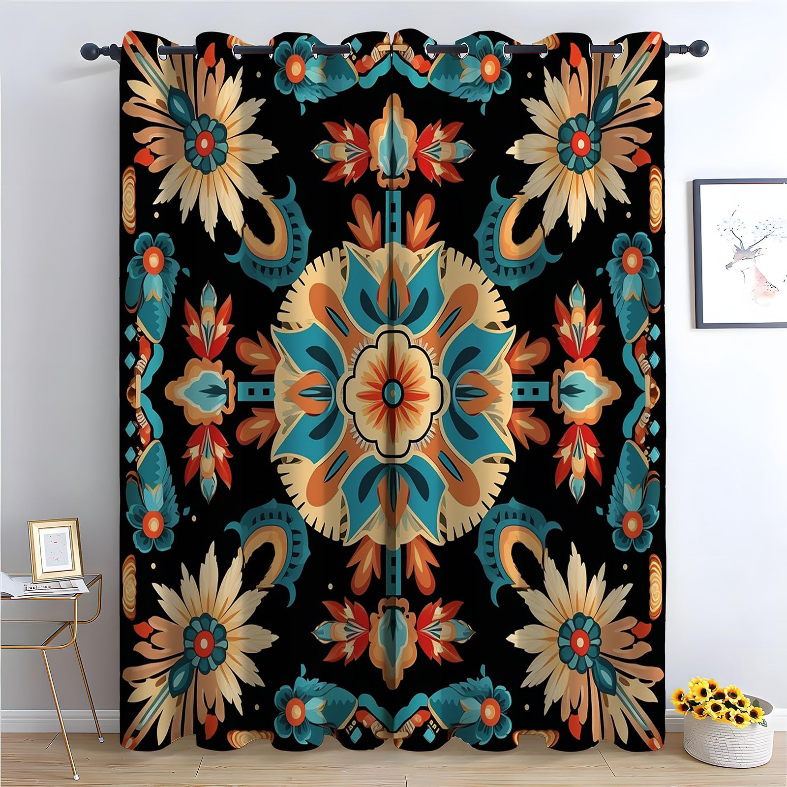 Rideau polyester motif floral mandala bleu marine H140xL110 cm isolation thermique cuisine