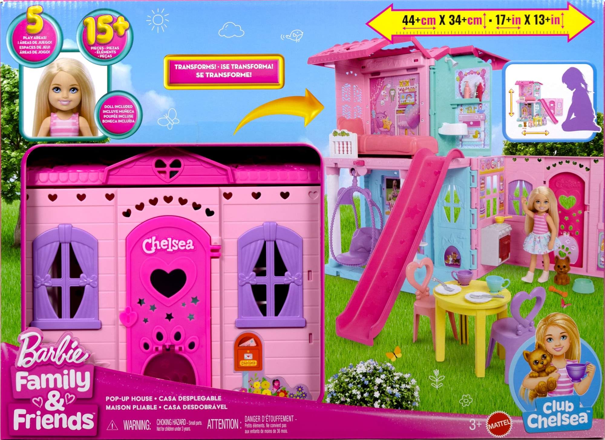 Barbie Chelsea Spielzeug-Puppenhaus mit über 15 Accessoires, das Pop-up-Haus erweitert Sich auf über 42 x 33 cm mit 5 Spielbereichen und Rutsche, mit Kleiner Puppe und Hund, JFW49
