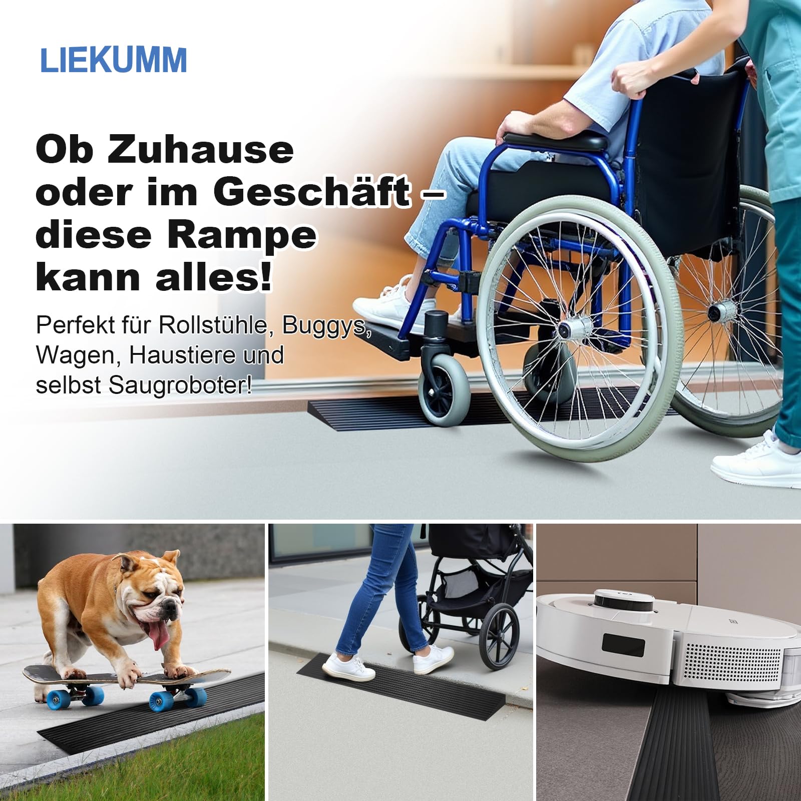 LIEKUMM Gumowa rampa progowa 900 x 15 mm, nośność 650 kg, czarna, nadaje się do drzwi, podjazdów, łazienek, możliwość przycinania