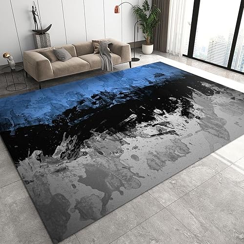 Alfombra de área de acuarela gris, azul y negro, alfombra de dormitorio con textura de tinta de arte abstracto, cómoda y suave con respaldo