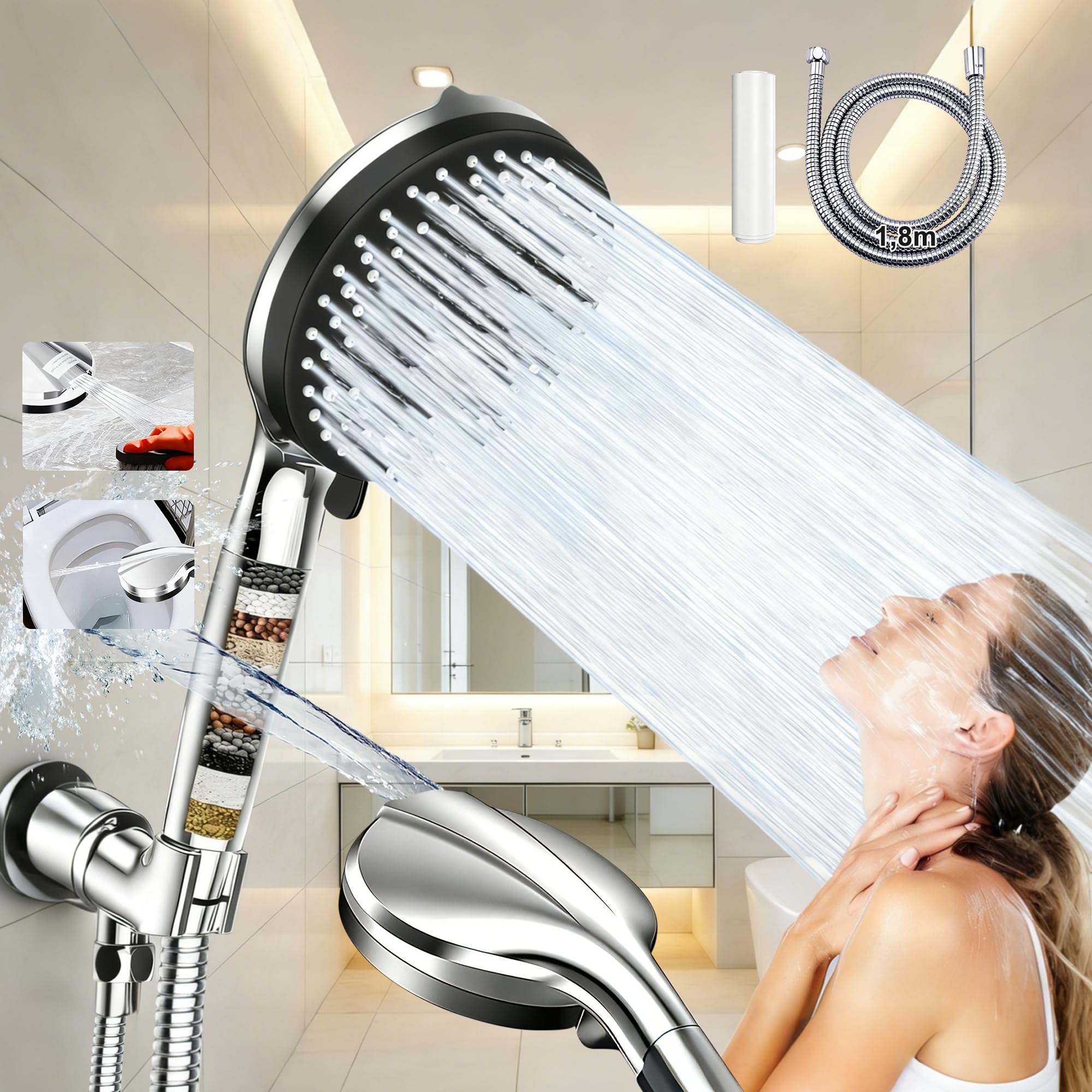 Duschkopf mit Filter, Hochdruck Handbrause mit 1,8m Schlauch, 10 Strahlarten Duschkopf Wassersparend mit Filtration in 15 Schichten, Duschbrause für Hartes Wasser, Rest-Chlor, Schwermetall