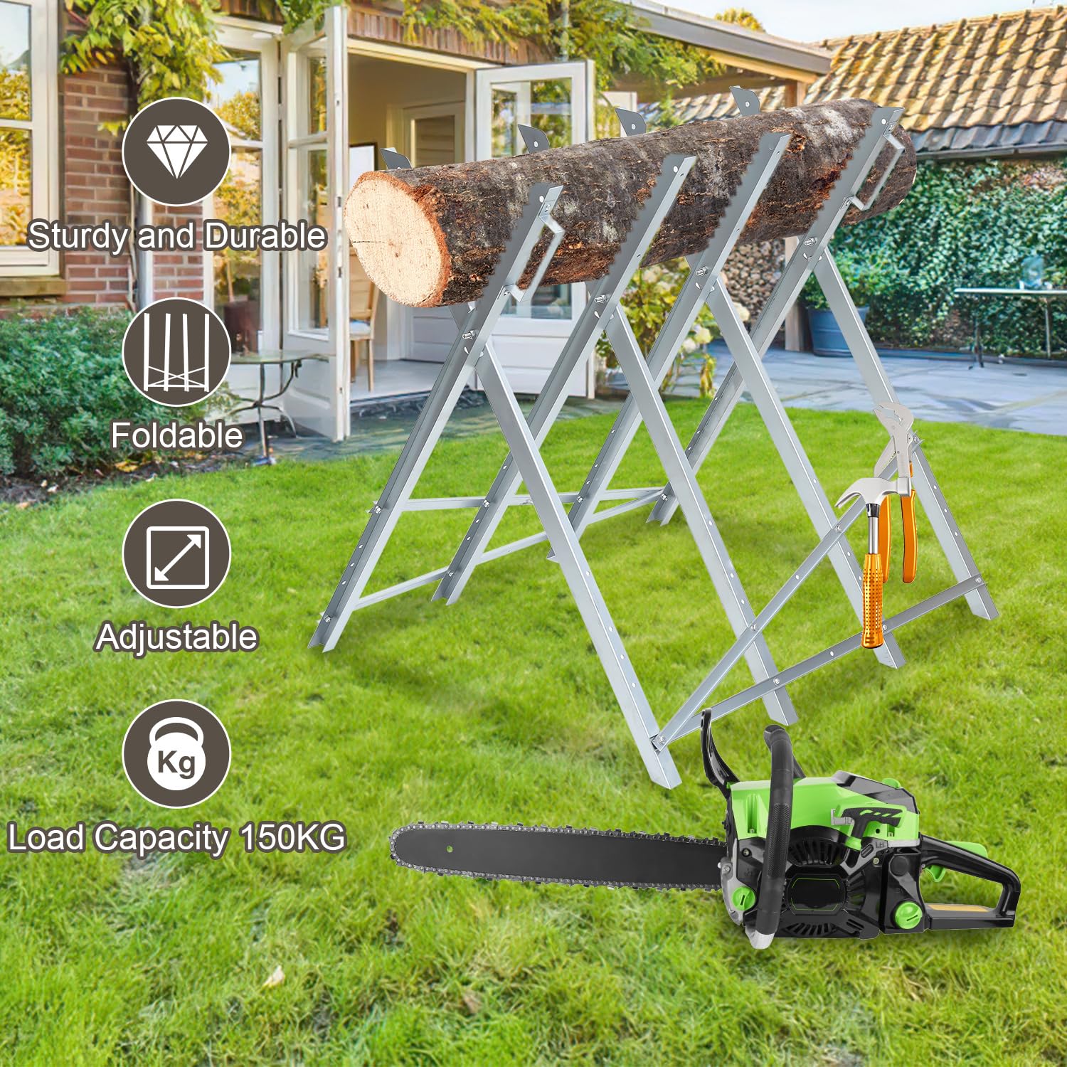 1 cavalletto per sega stabile in metallo, pieghevole, carico di 150 kg, ideale per motoseghe e lavorazione del legno, in metallo zincato, 81 x 80 x 80 x 80 cm, zincato e resistente
