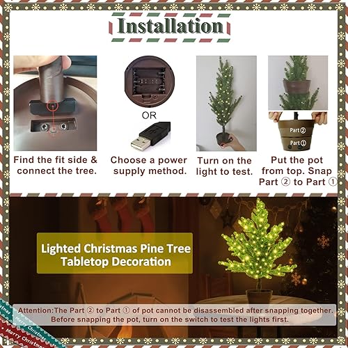 Miniatura 5 de Mini árbol de Navidad con luces 80 LED de mesa blanco cálido árbol de Navidad en maceta con bola colgante escritorio iluminado de 20 pulgadas