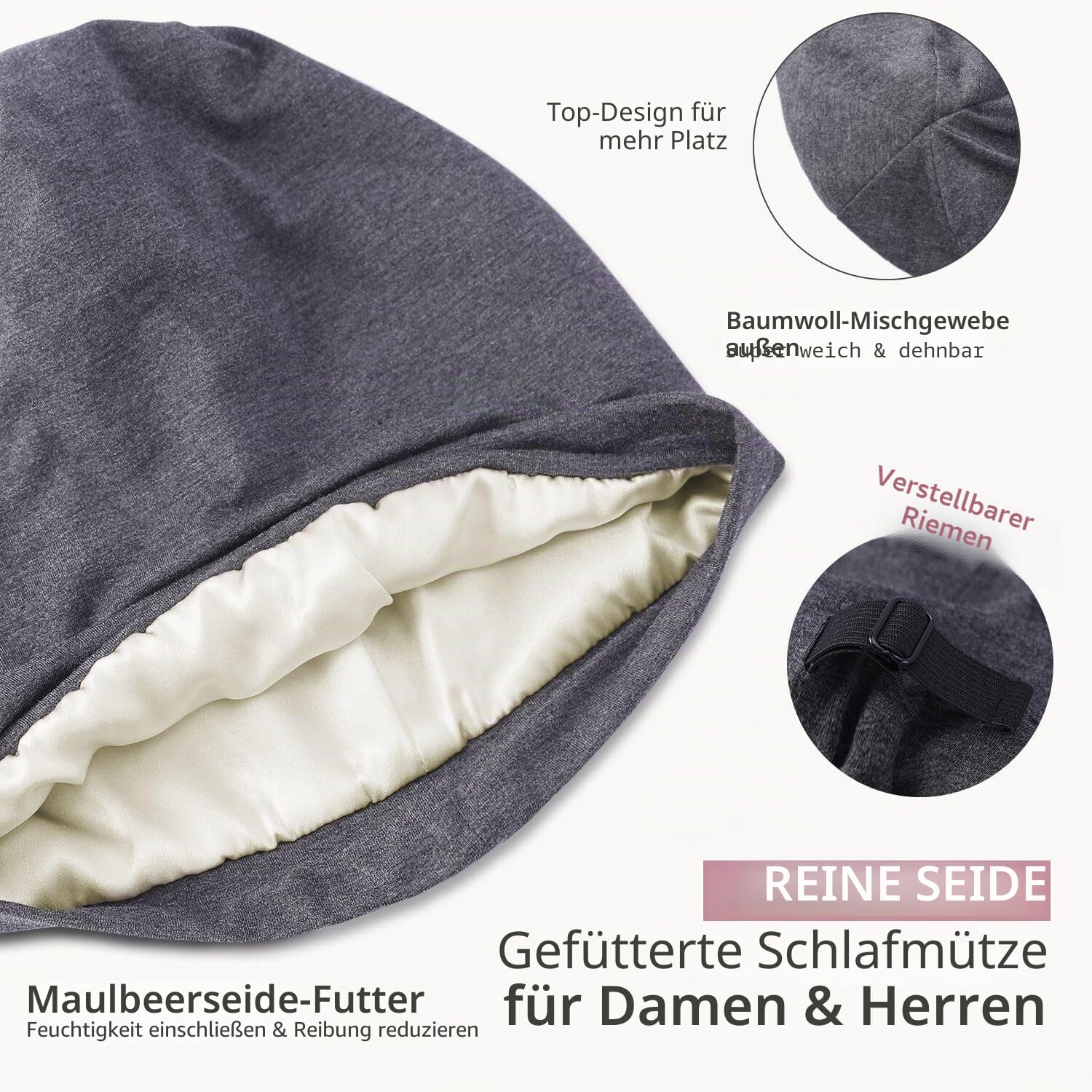 Hat Hut Seidenmütze Schlafmütze aus 100% Maulbeerseide gefüttert, Silk Bonnet, Haube für lockiges Haar, Schlafhaube zum Schlafen, Slouchy Beanie