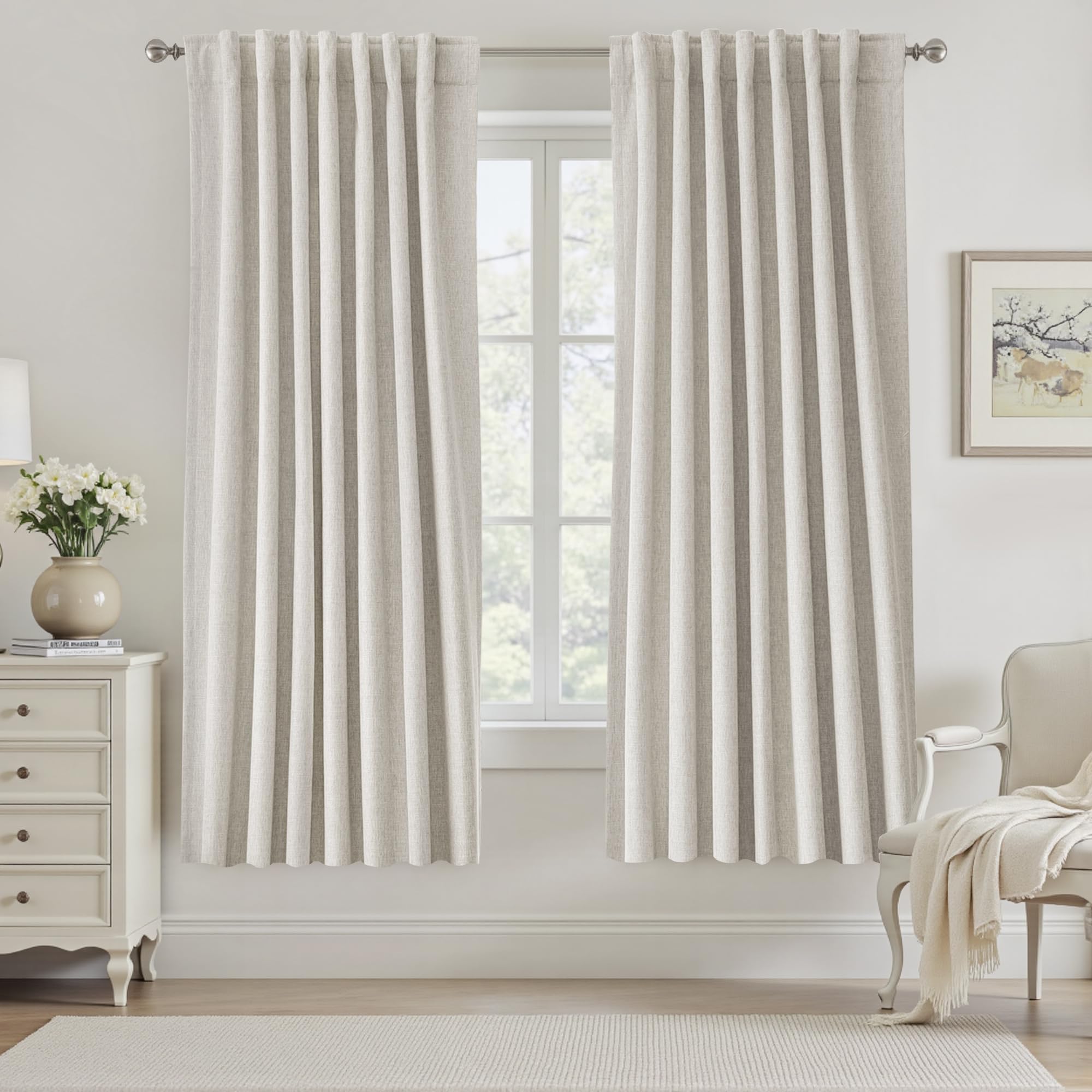 BSfullts Room Darkening Curtains 72 Inches Long Small Bay Window Blackout Curtain for Dining Natural Boho Linen Drapes Panels Insulated Hook Belt Back Tab Pocket Pleated Drape