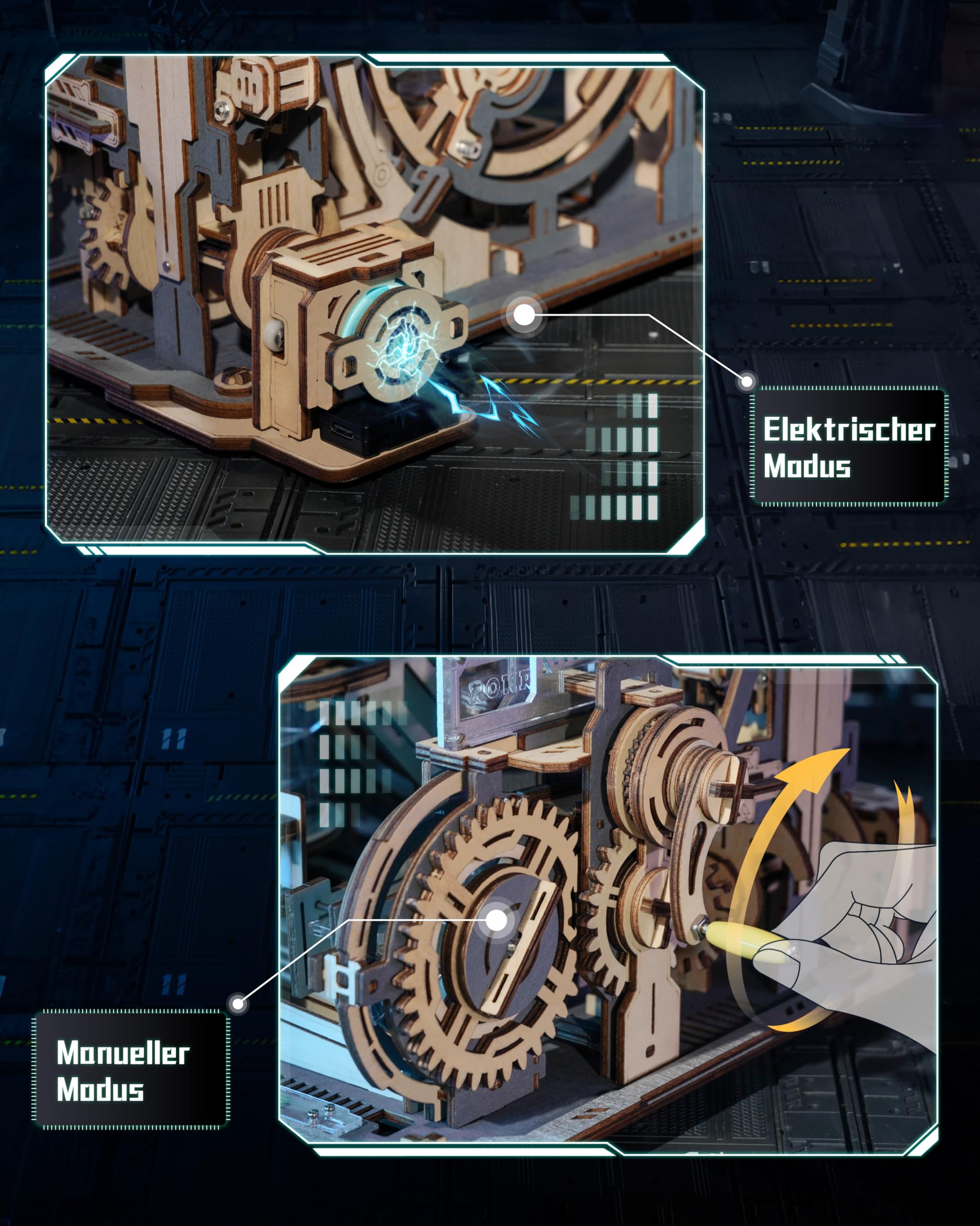ROKR Kugelbahnen 3D Holzpuzzle für Erwachsene, 3D Puzzle Holz Motorbetriebene Mechanische Modellbausätze mit Kugeln, Automatischer & Manueller Modi, Marble Spaceport, LGC01