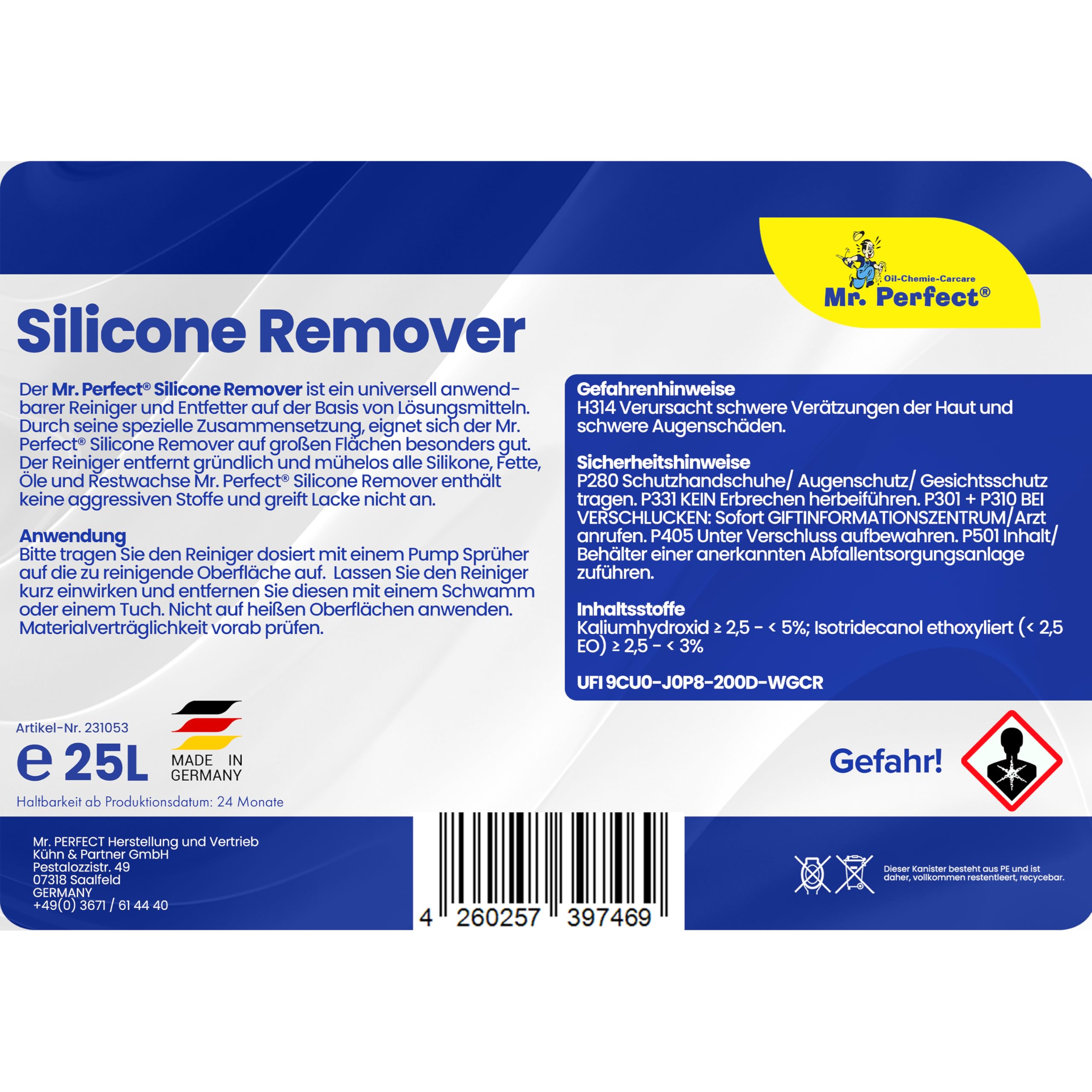 Mr. Perfect® - Silikonentferner 25l | Wachsentferner für Autolack| Der Silikonreiniger entfernt mühelos Fette, Öle & Silikon | Effektive Reinigung | Mit praktischem Dosierhahn