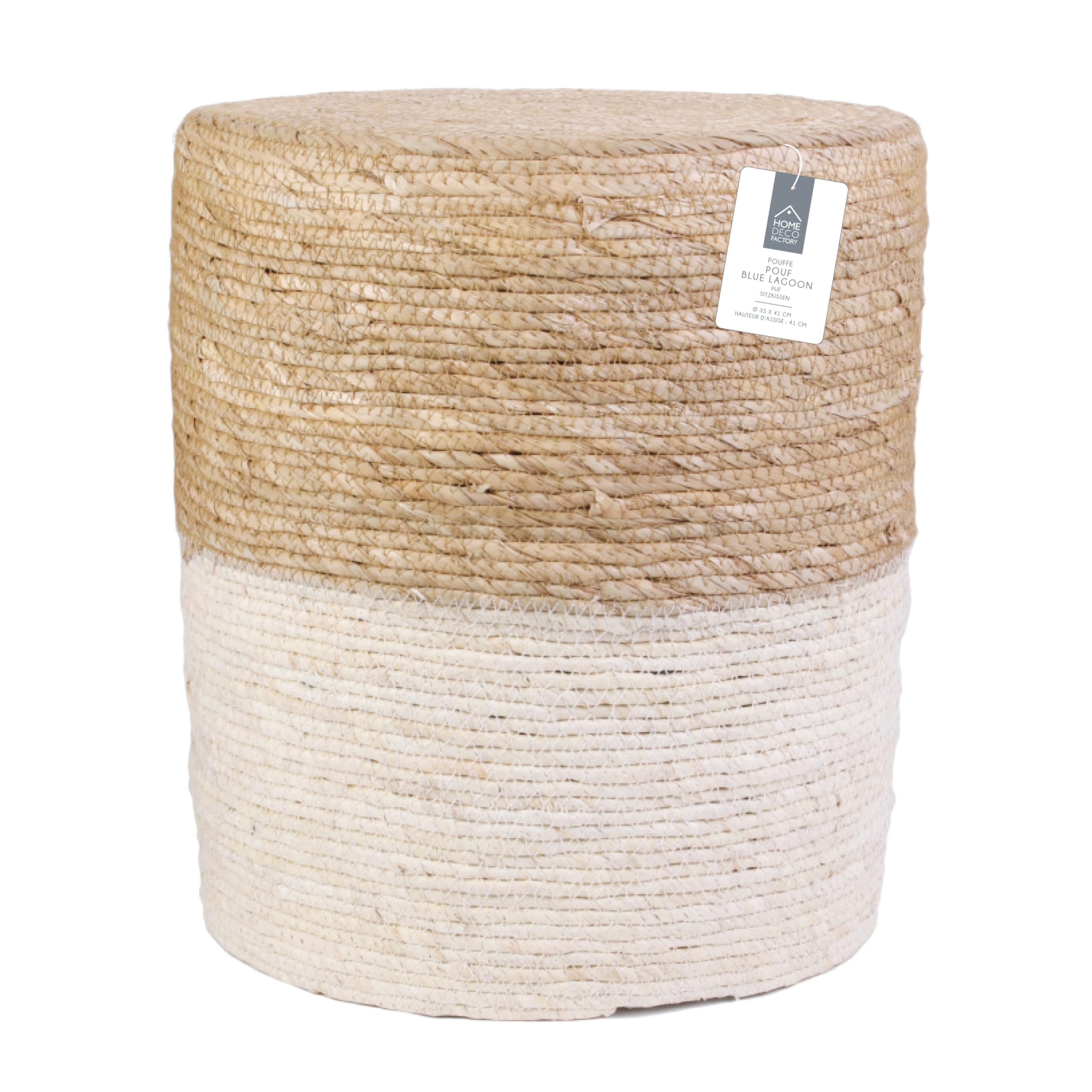 HOME DECO FACTORY Pouf Décoratif Tendance Touche Naturelle Assise Bleu | Polyester bois et jonc, pouf décoratif, design tendance, touche naturelle, salon ou chambre, 35x35x41 cm, bleu